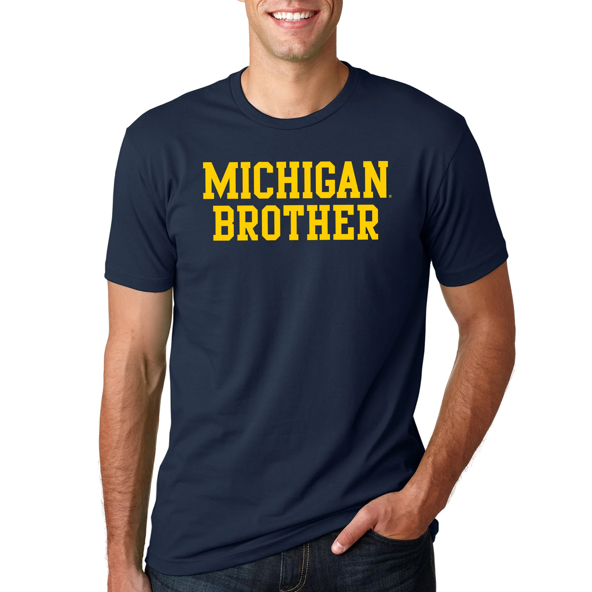 Michigan Wolverines Basic Block Brother Premium Cotton T Shirt - Midnight Navy - Image 3