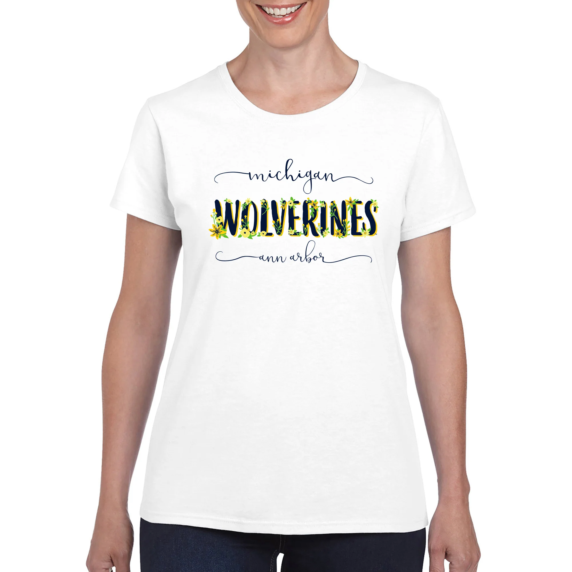 Michigan Wolverines Floral Womens T Shirt - White - Image 3
