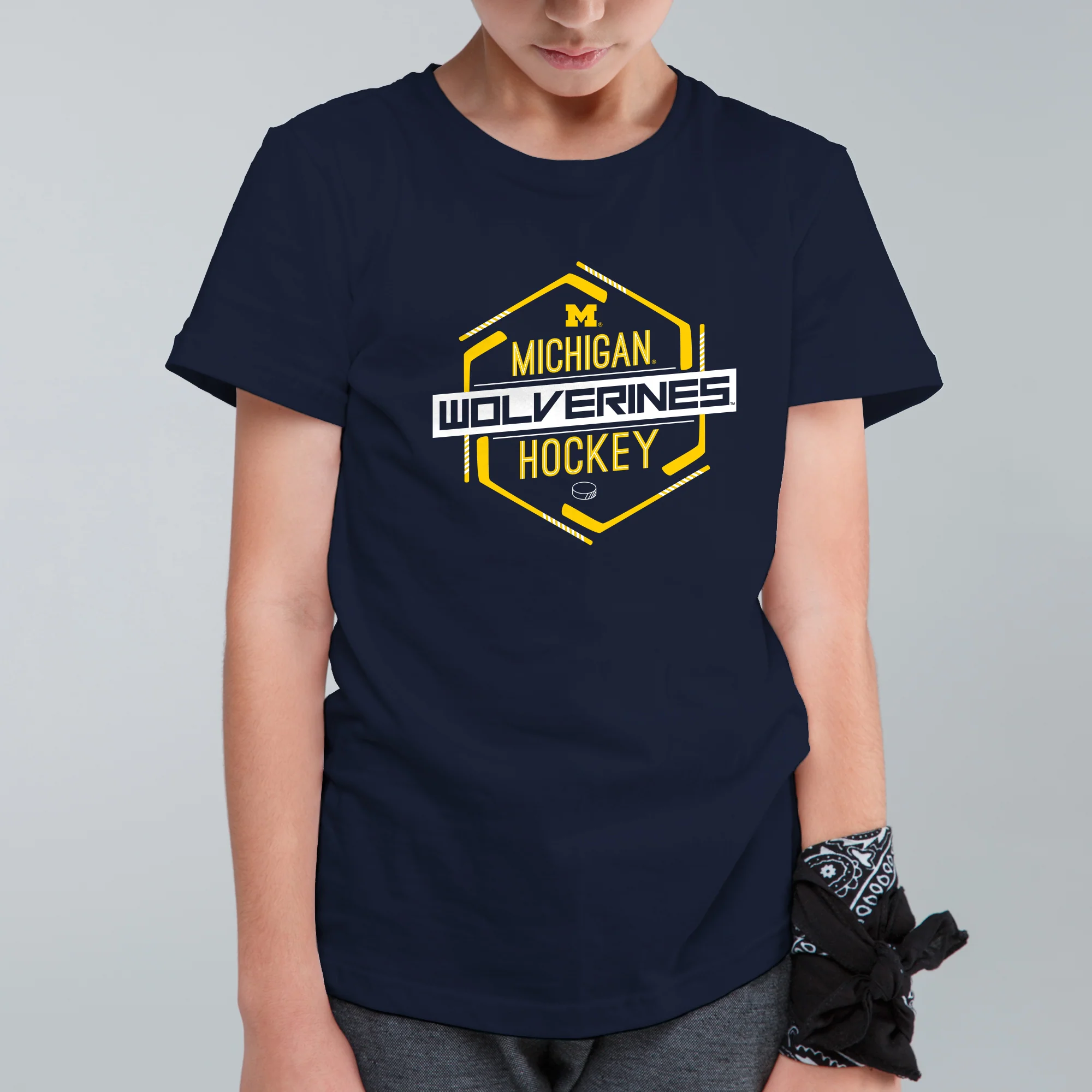 Michigan Wolverines Hockey Hex Youth T-Shirt - Navy - Image 3