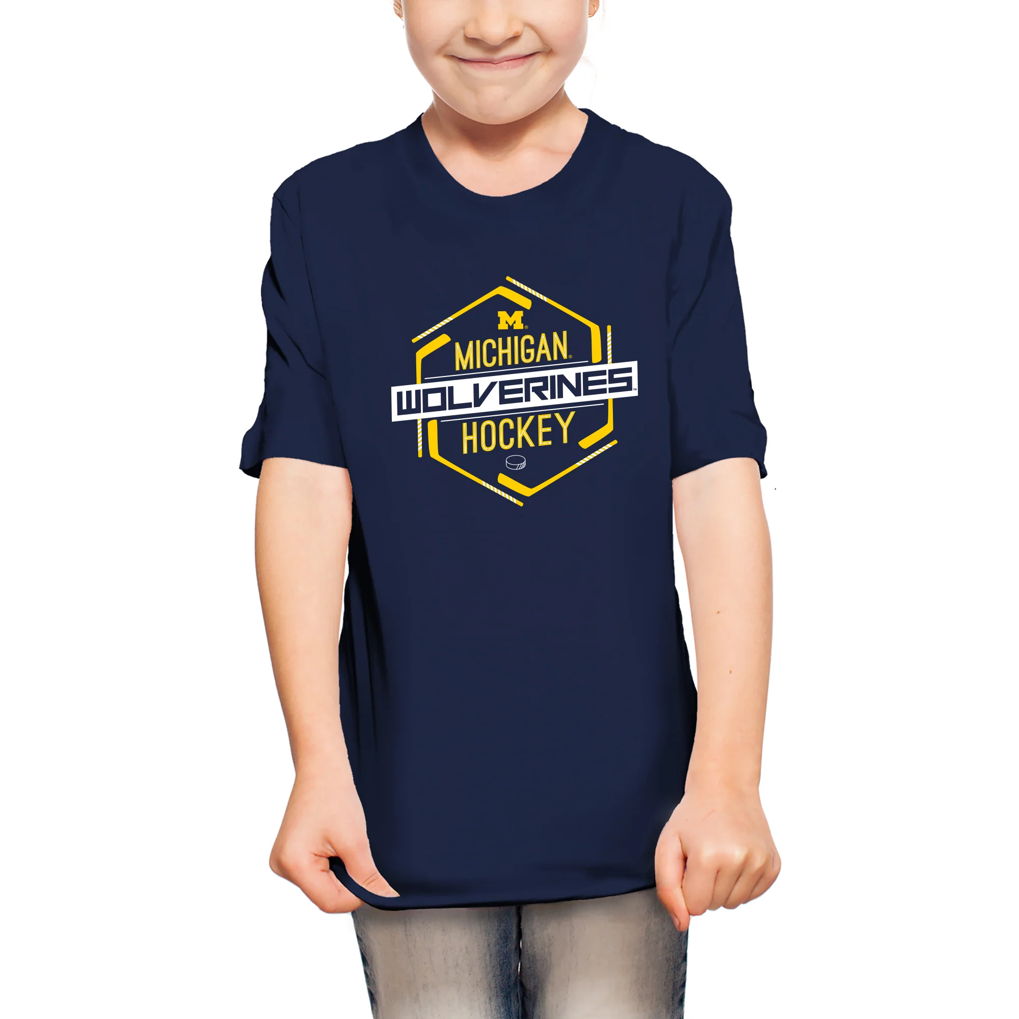 Michigan Wolverines Hockey Hex Youth T-Shirt - Navy - Image 4