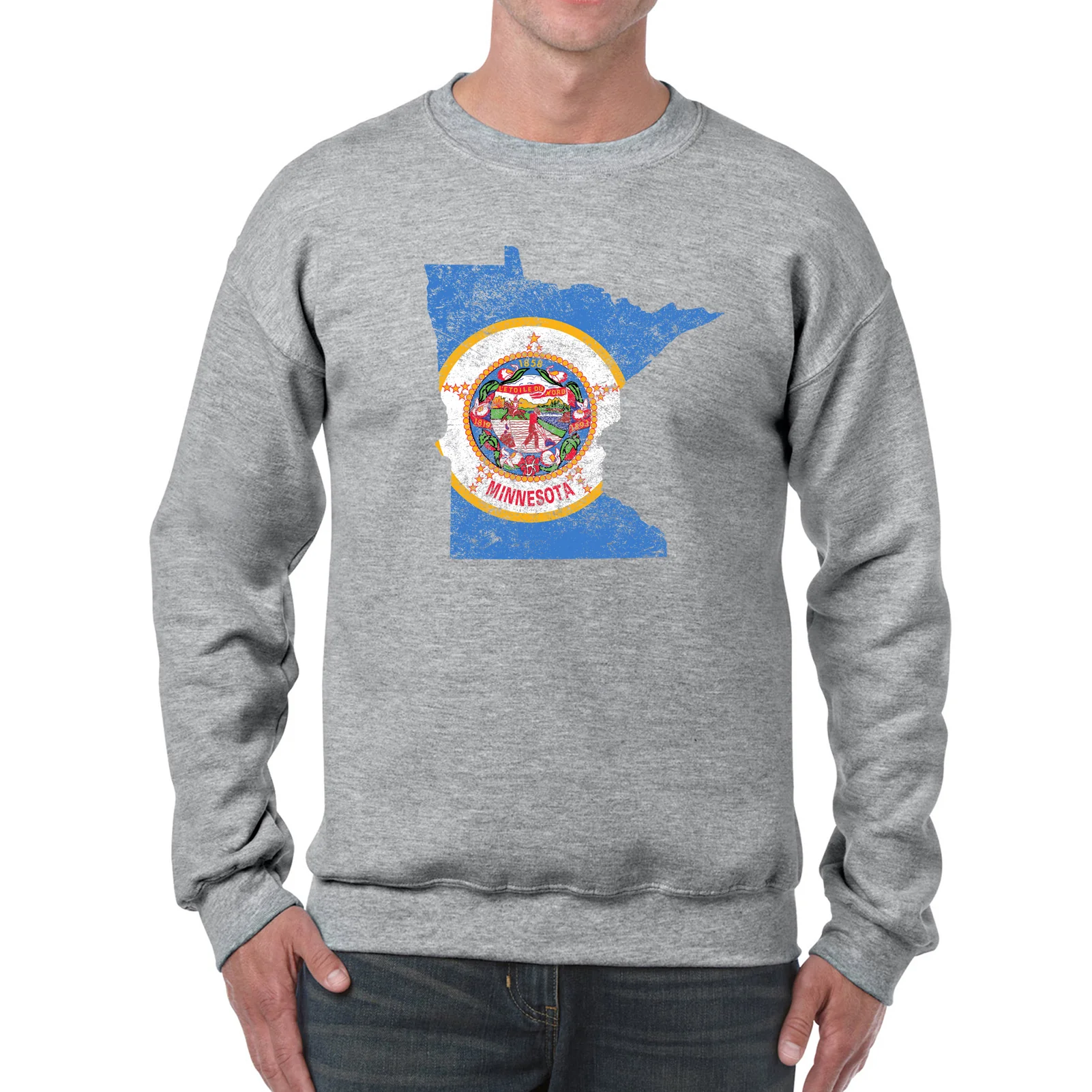 Minnesota Distressed State Flag Outline Crewneck Sweatshirt - Sport Grey - Image 3