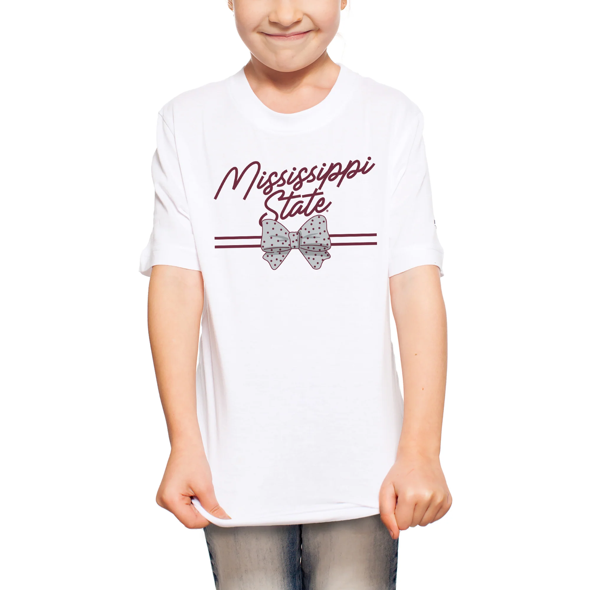 Mississippi State Bow Script Youth T-Shirt - White - Image 3