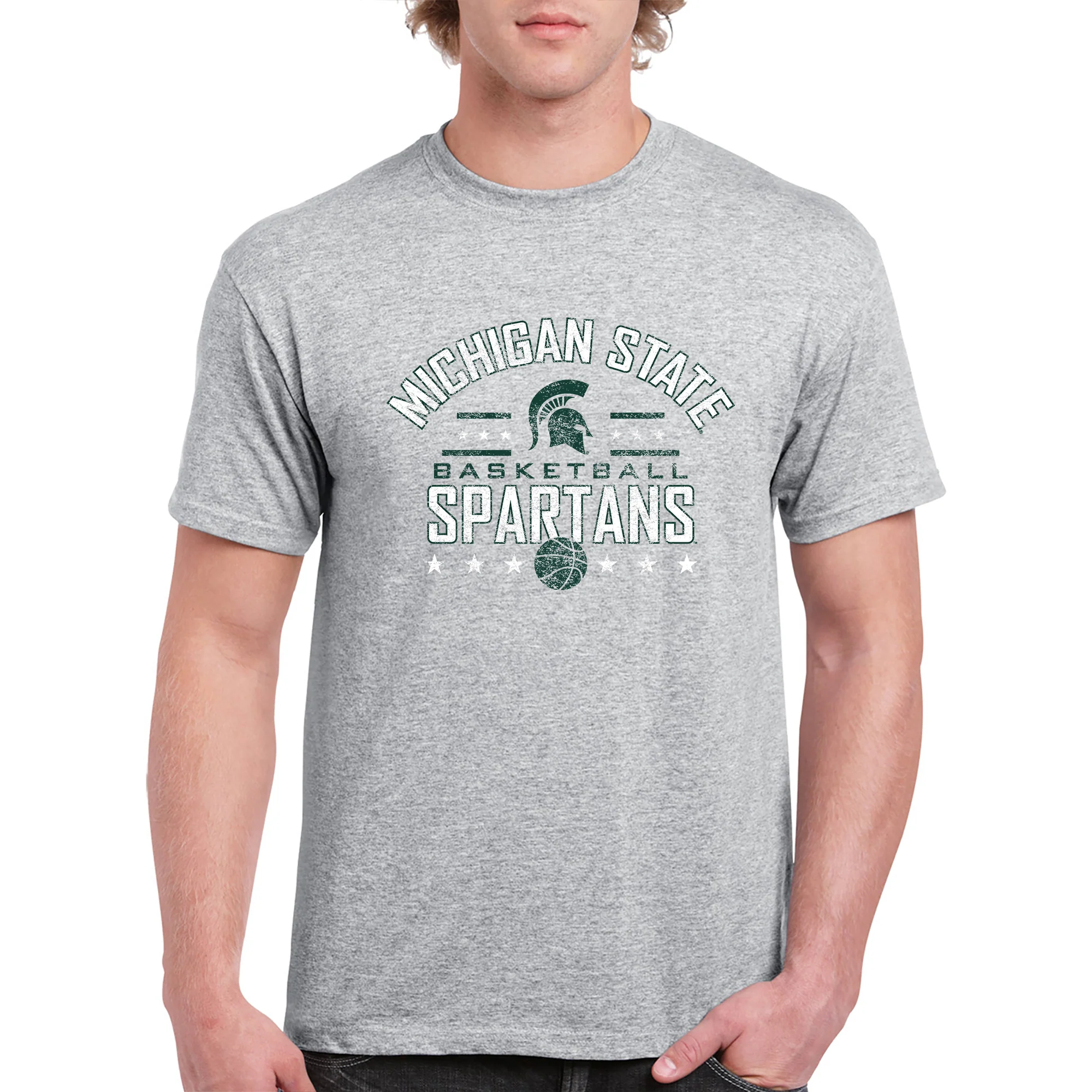 Michigan State University Spartans Basketball Arch Stars Basic Cotton Short Sleeve T Shirt - Sport Grey - Image 3