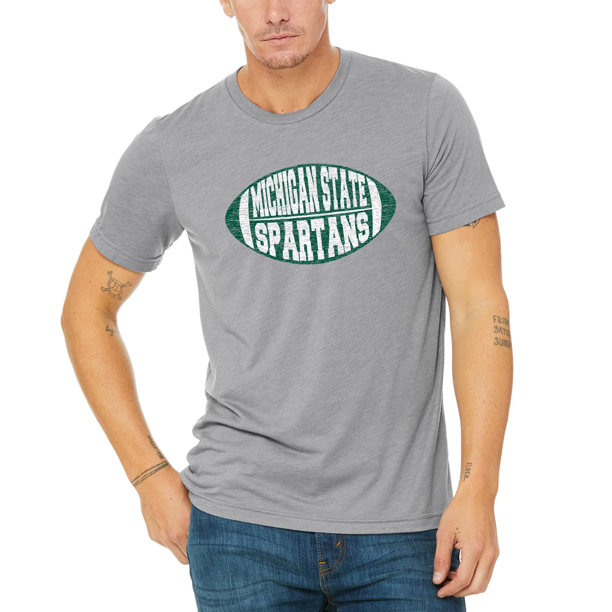 Michigan State University Spartans Faded Block Football Canvas Triblend Short Sleeve T Shirt - Athletic Grey Triblend - Image 3