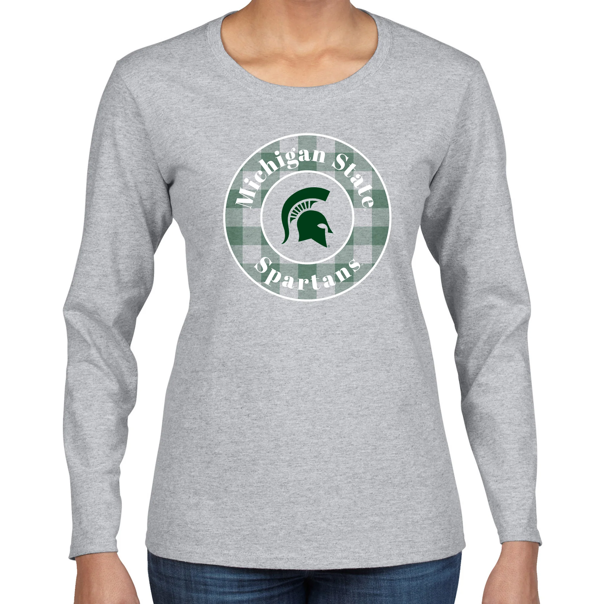 MSU Plaid Circle Women's Long Sleeve - Sport Grey - Image 3