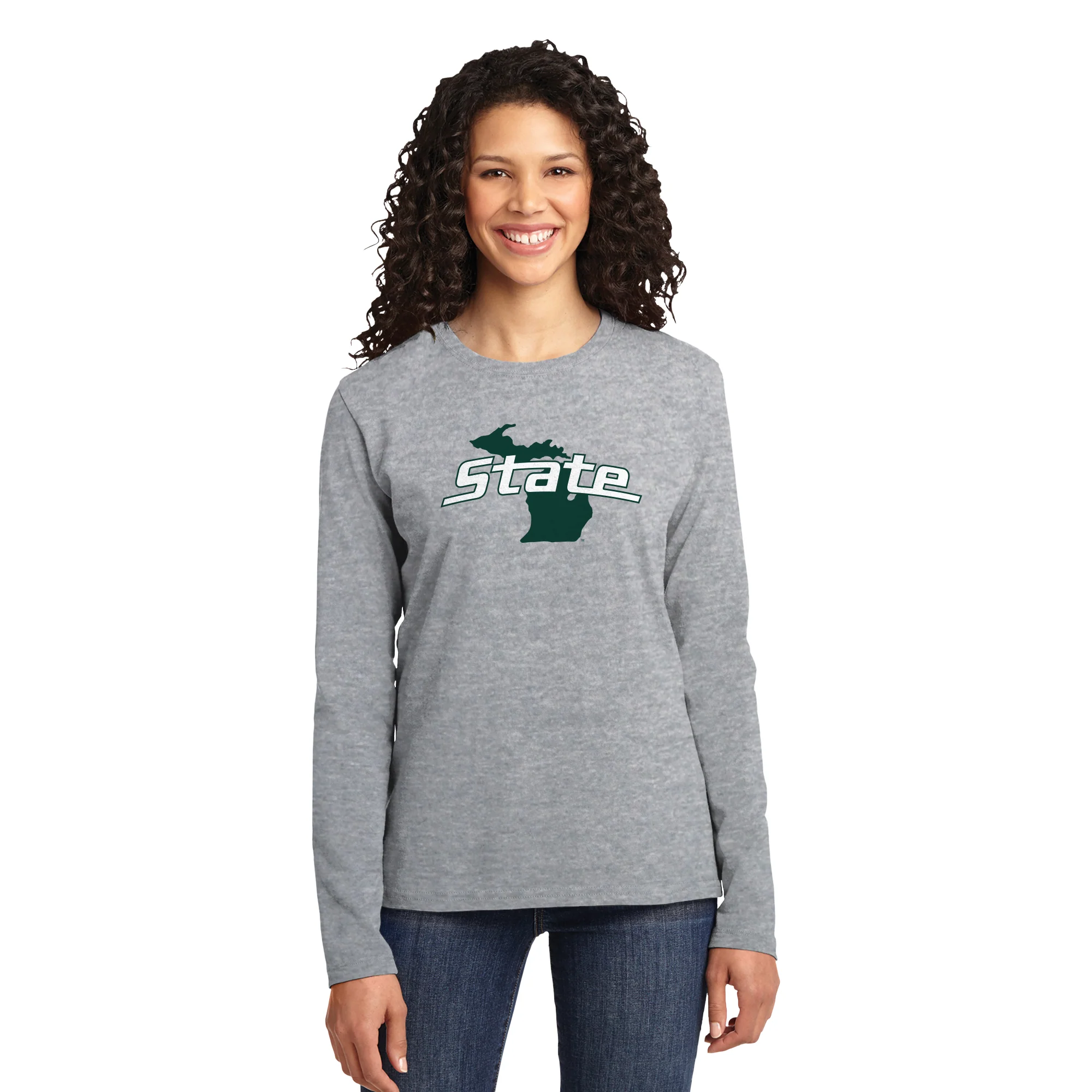 MSU State Outline Logo Womens Long Sleeve - Athletic Heather - Image 3