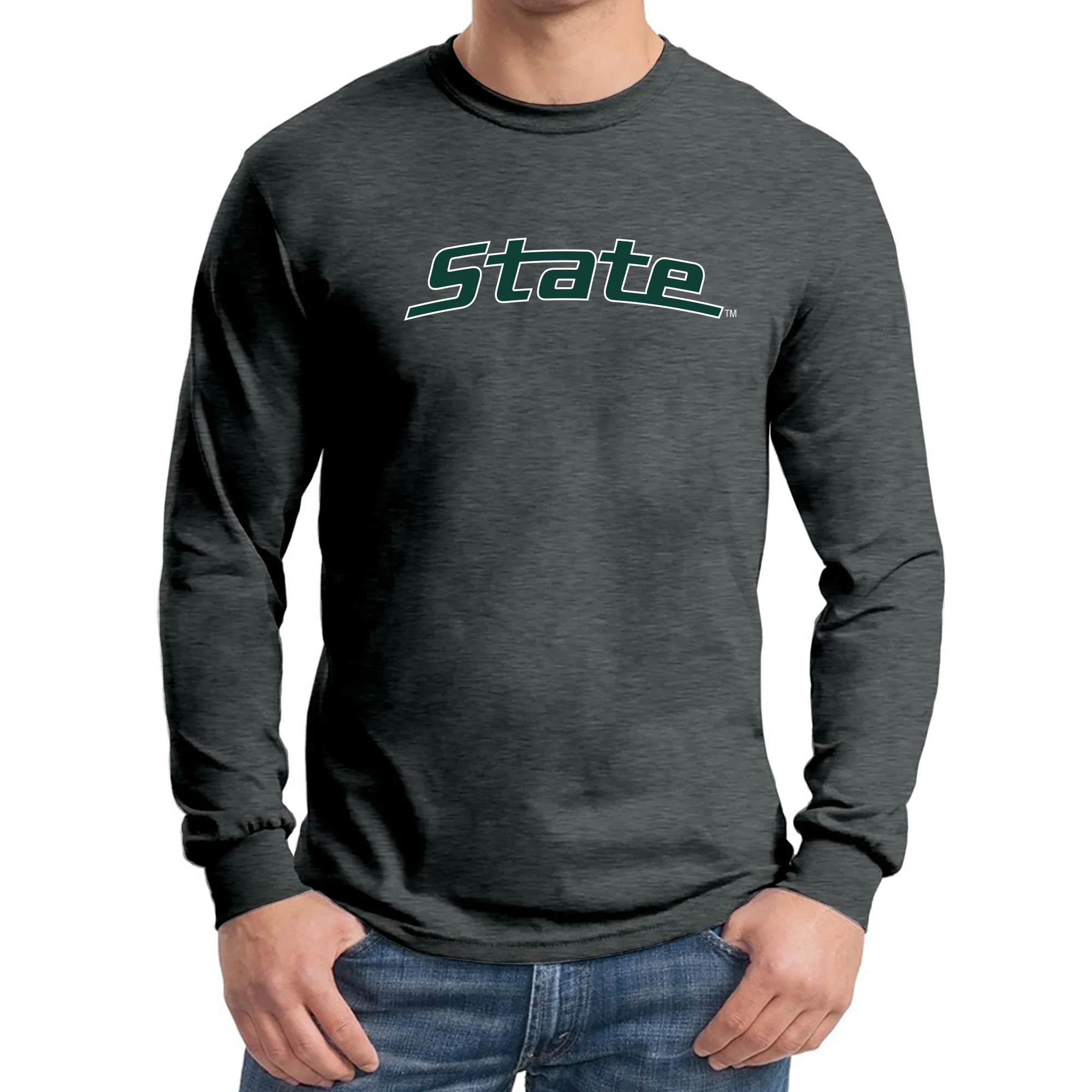 MSU State Wordmark Outline Long Sleeve - Dark Heather - Image 3