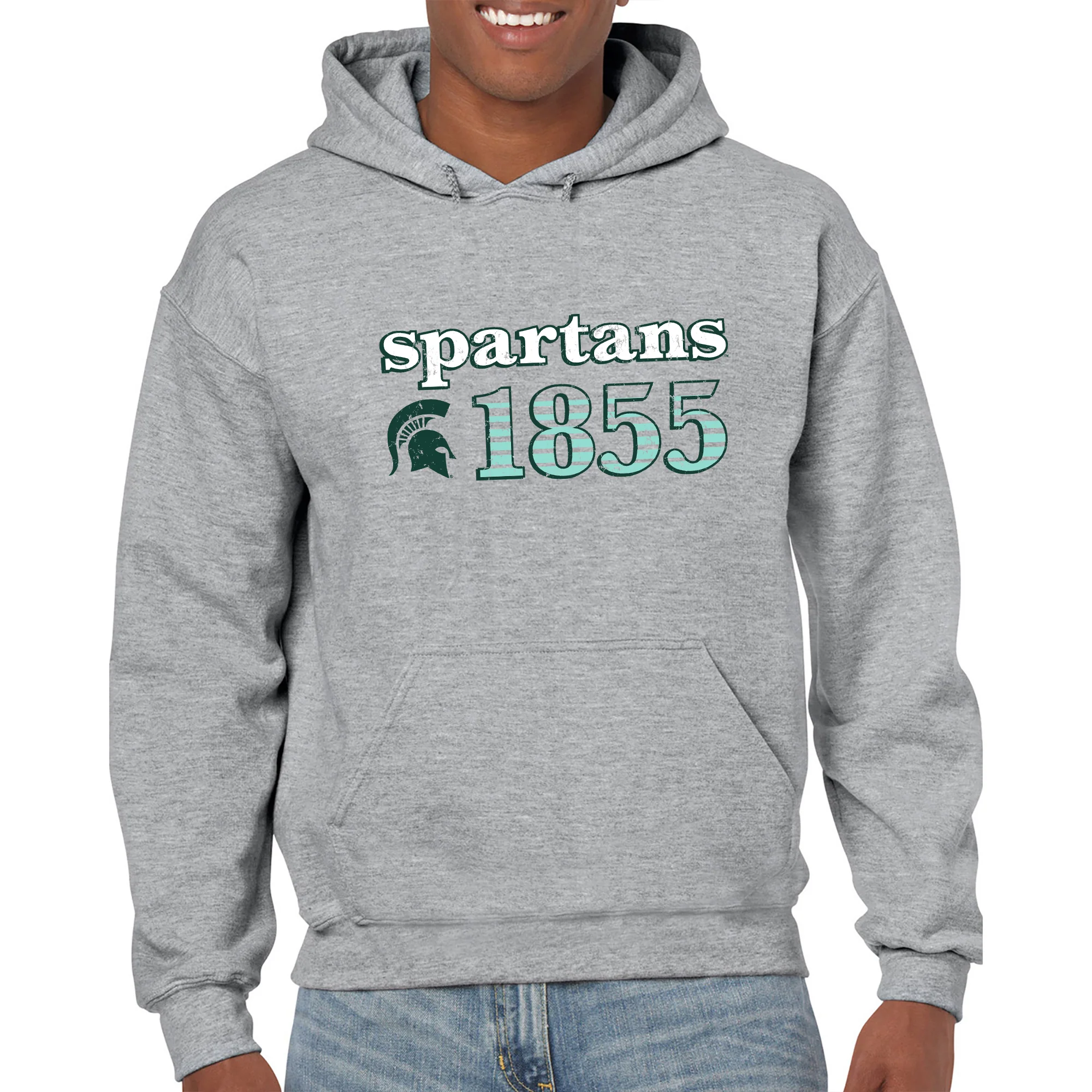 Michigan State University Spartans Throwback Year Stripe Heavy Blend Hoodie - Sport Grey - Image 3