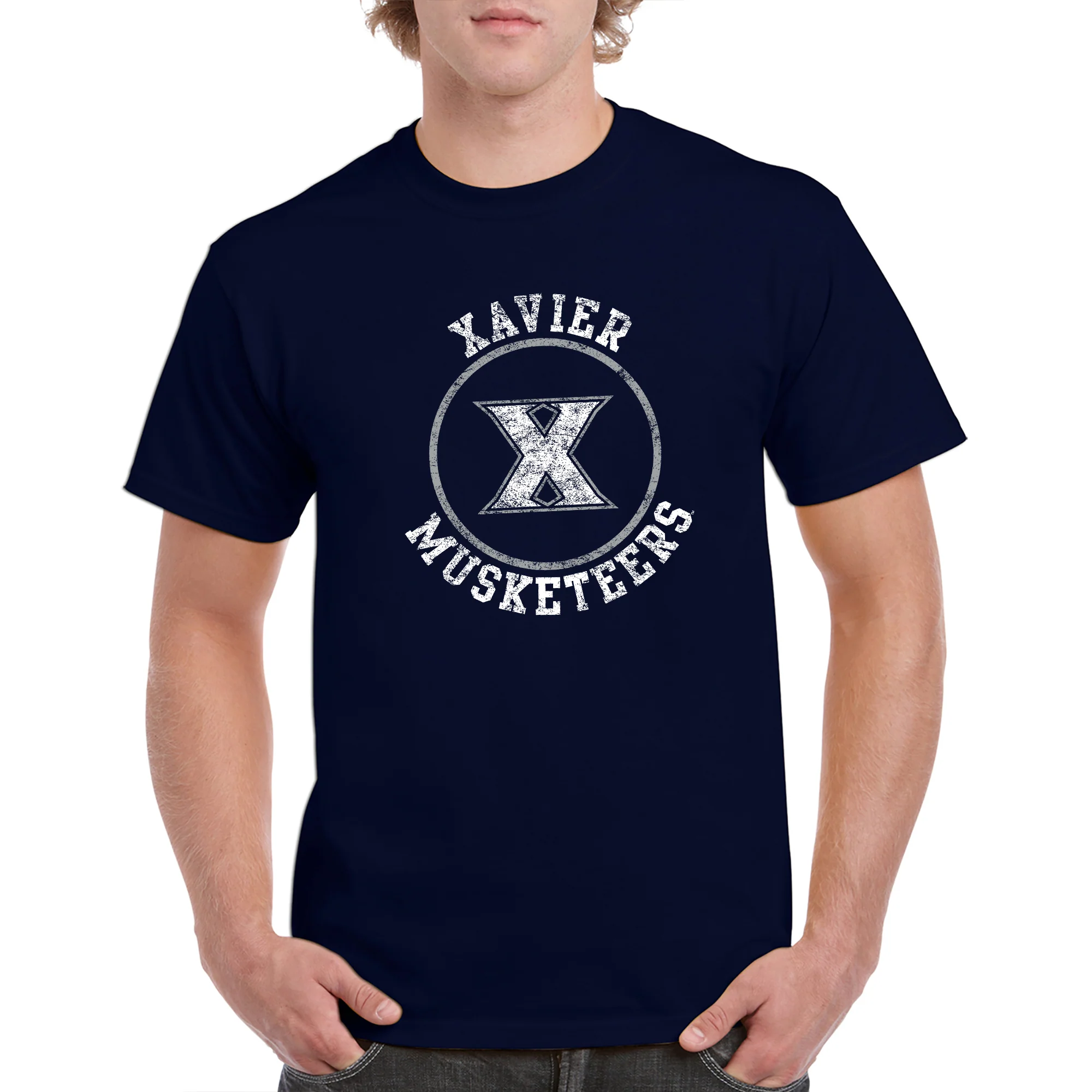 Xavier University Musketeers Distressed Circle Logo Short Sleeve T Shirt - Navy - Image 4