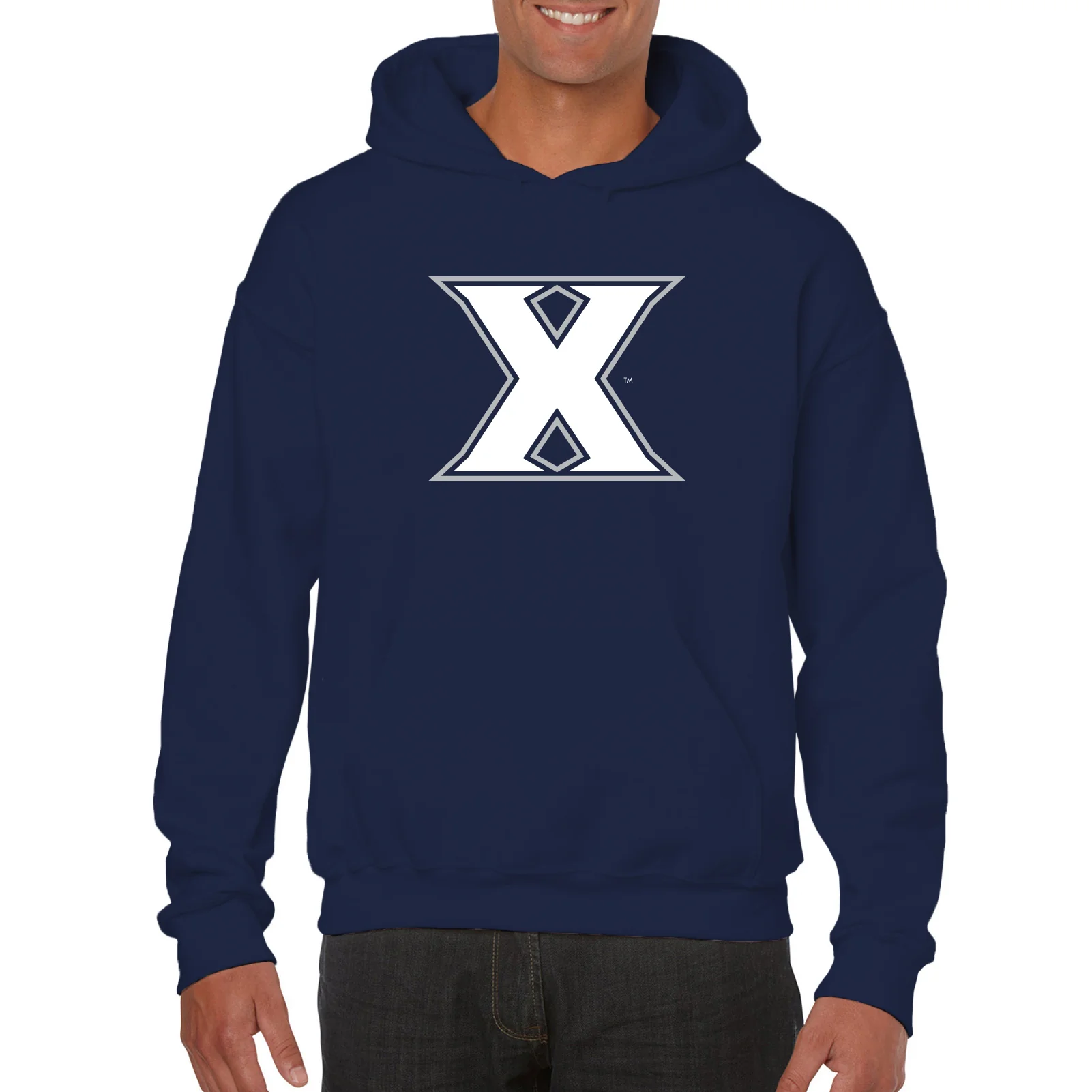 Xavier University Musketeers Primary Logo Heavy Blend Hoodie - Navy - Image 4