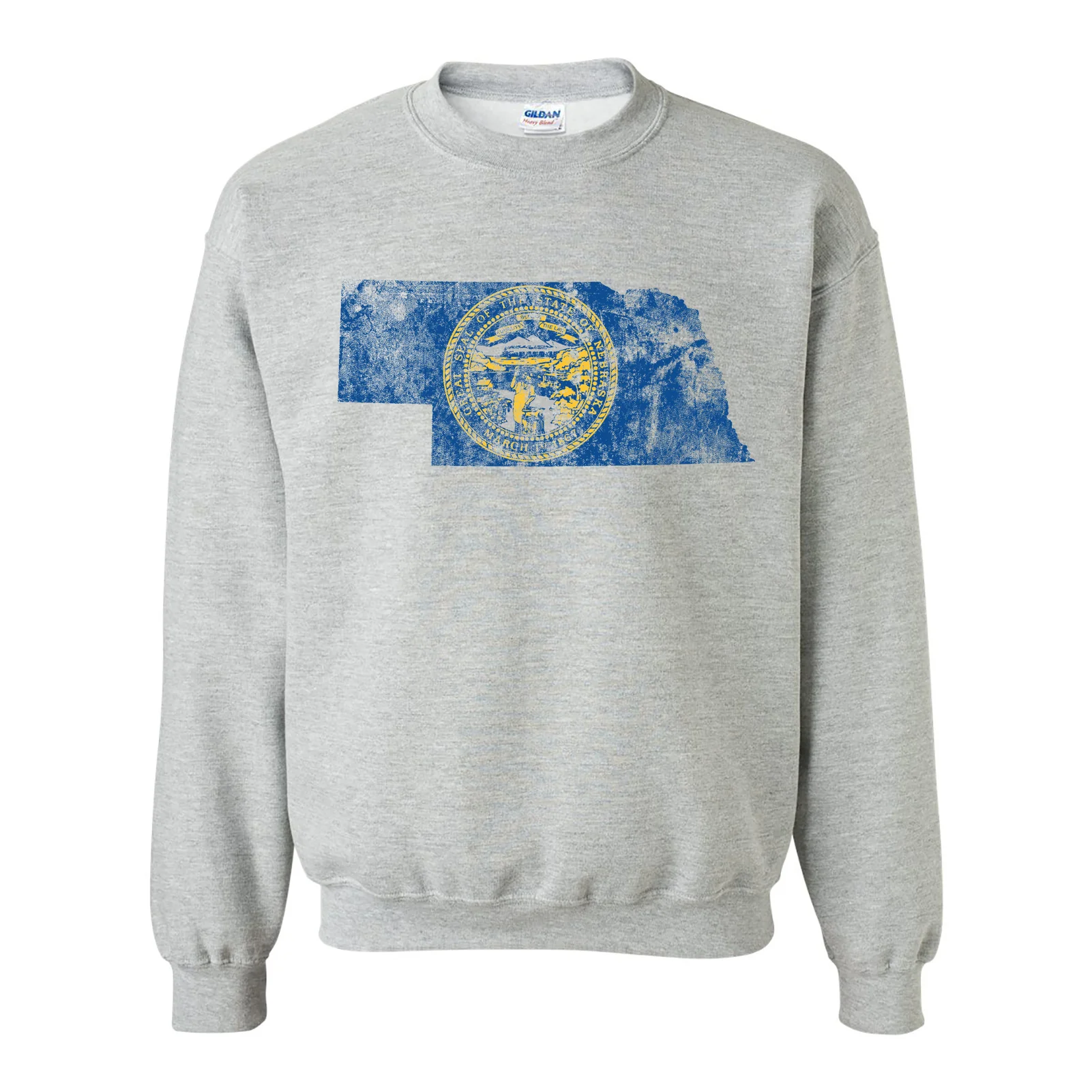 Nebraska Distressed State Flag Outline Crewneck Sweatshirt - Sport Grey