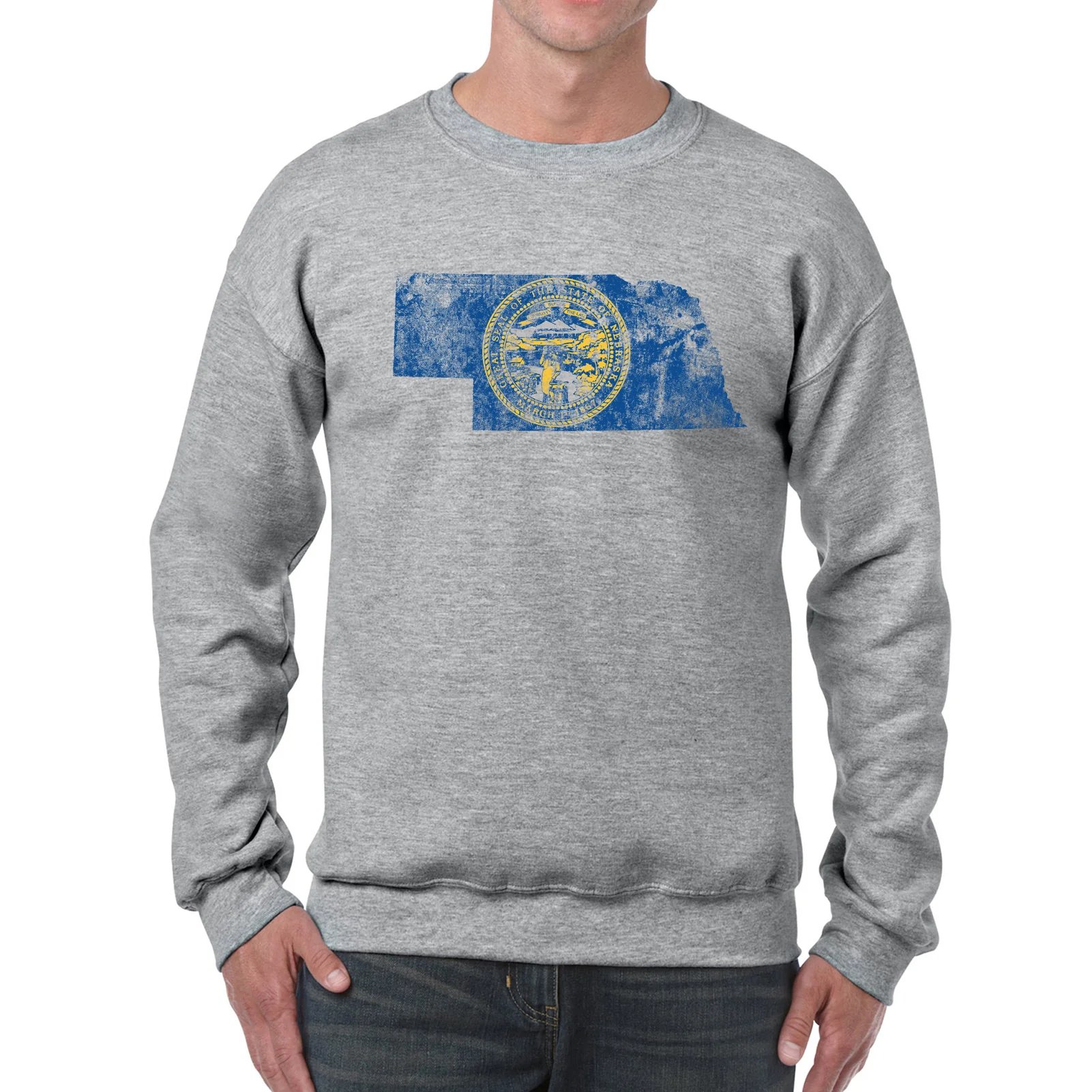 Nebraska Distressed State Flag Outline Crewneck Sweatshirt - Sport Grey - Image 3