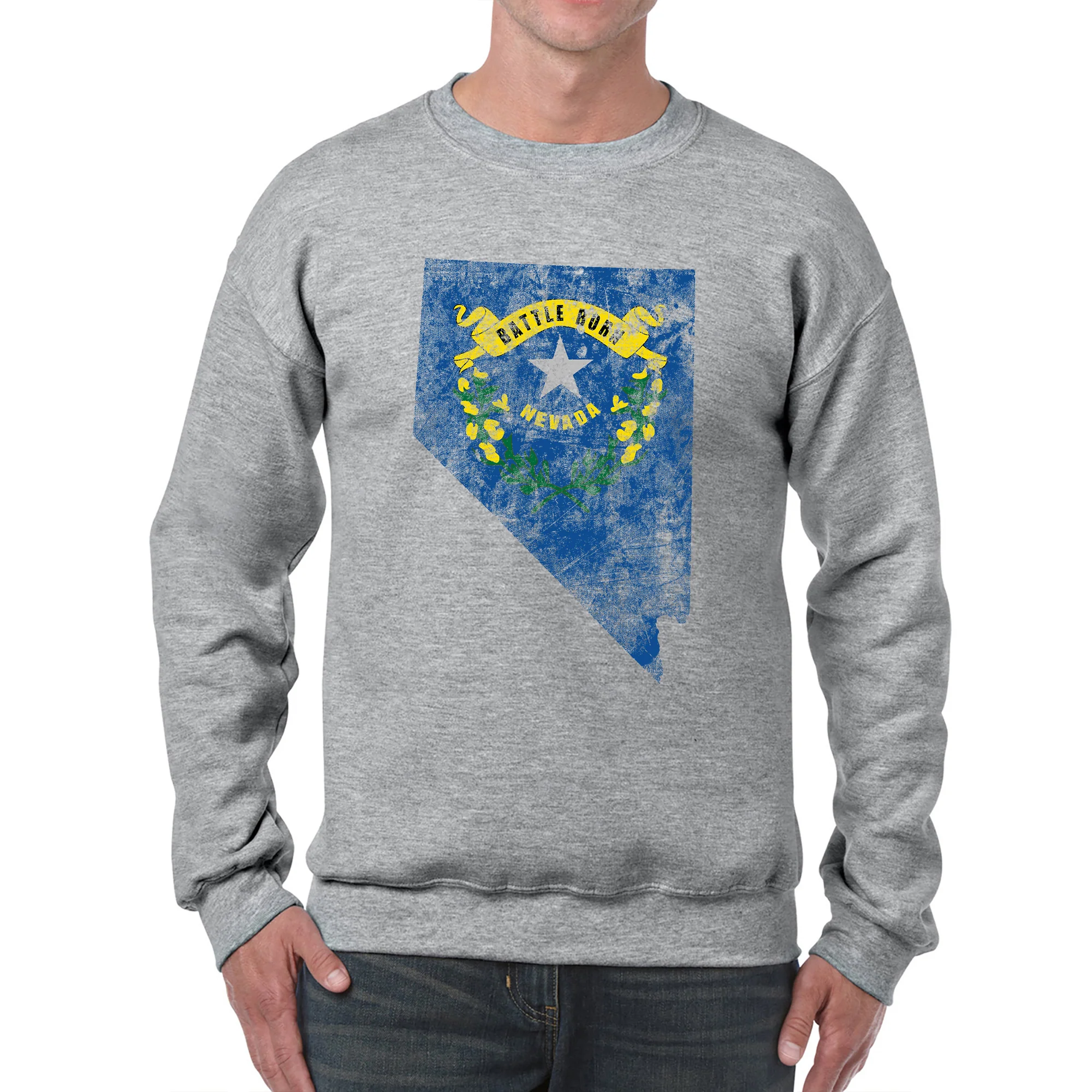 Nevada Distressed State Flag Outline Crewneck Sweatshirt - Sport Grey - Image 3