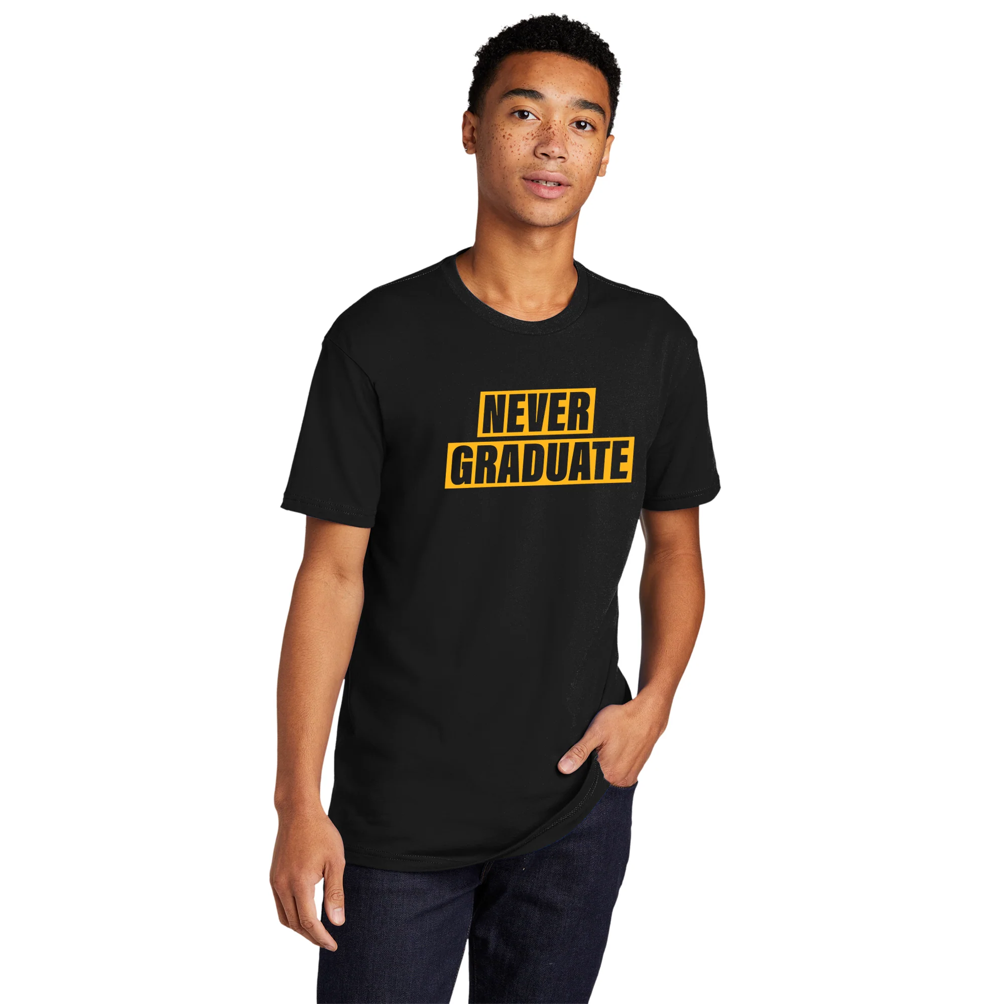 Never Graduate NLA T-Shirt - Black w/ Yellow Print - Image 3