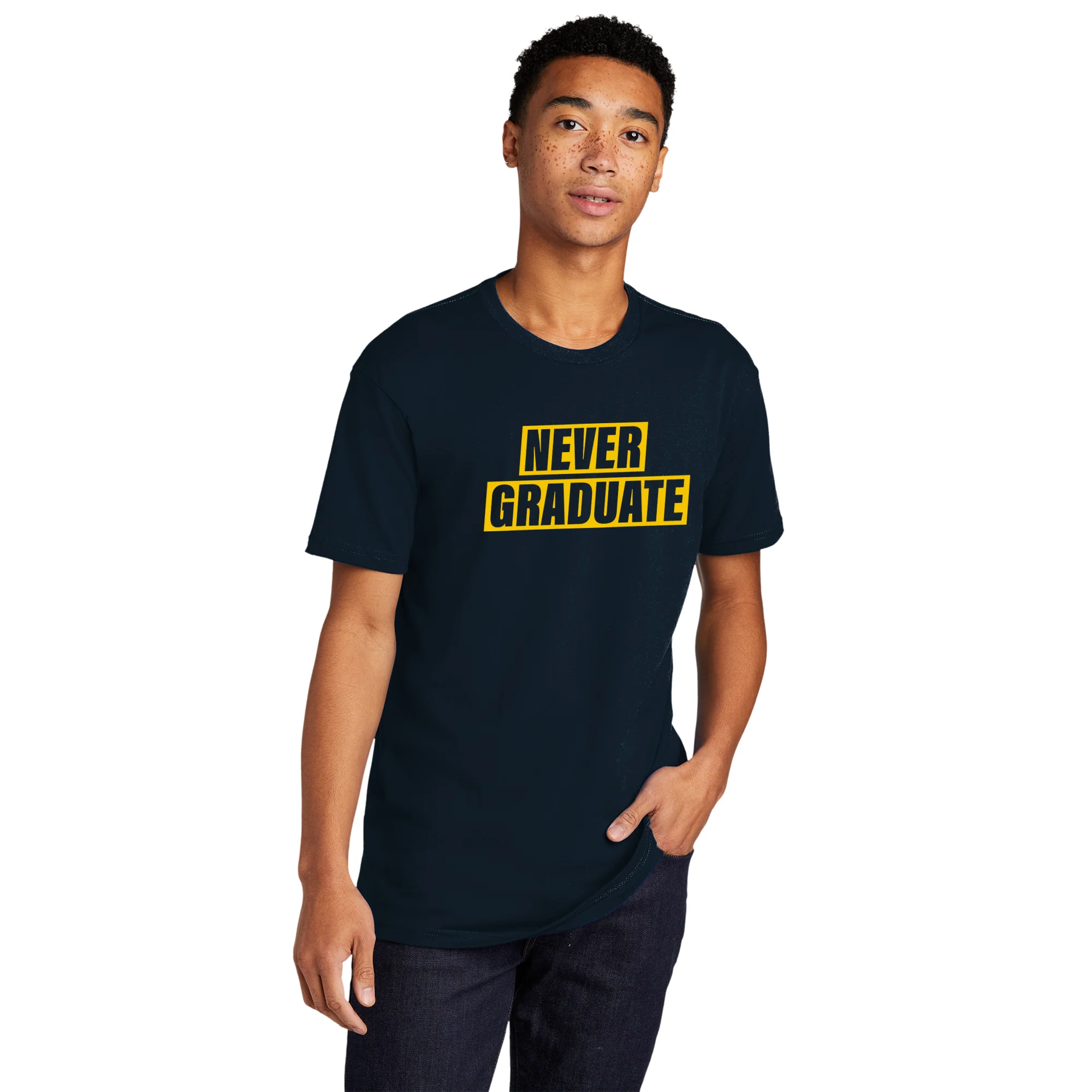 Never Graduate NLA T-Shirt - Midnight Navy w/ Maize Print - Image 3