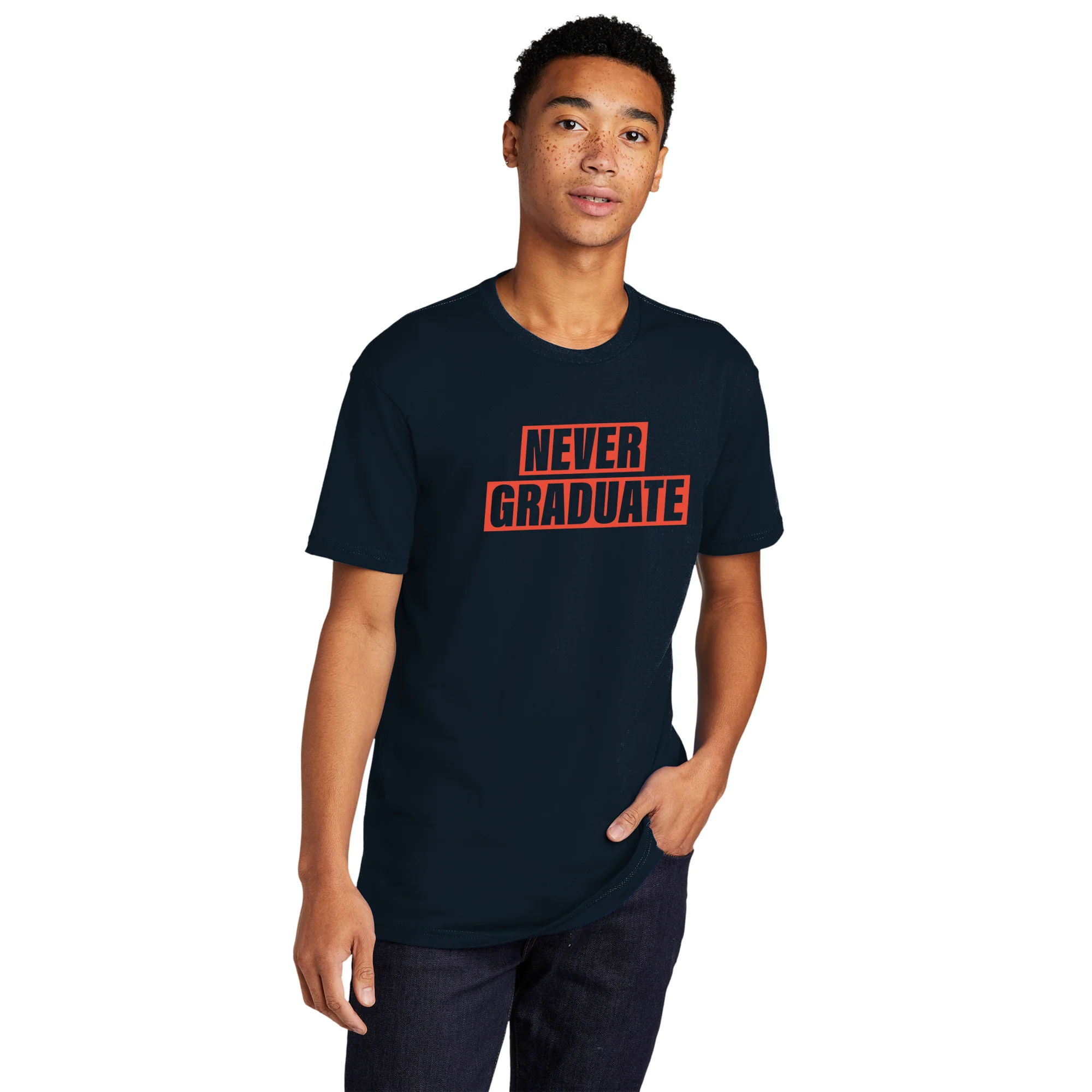 Never Graduate NLA T-Shirt - Midnight Navy w/ Orange Print - Image 3