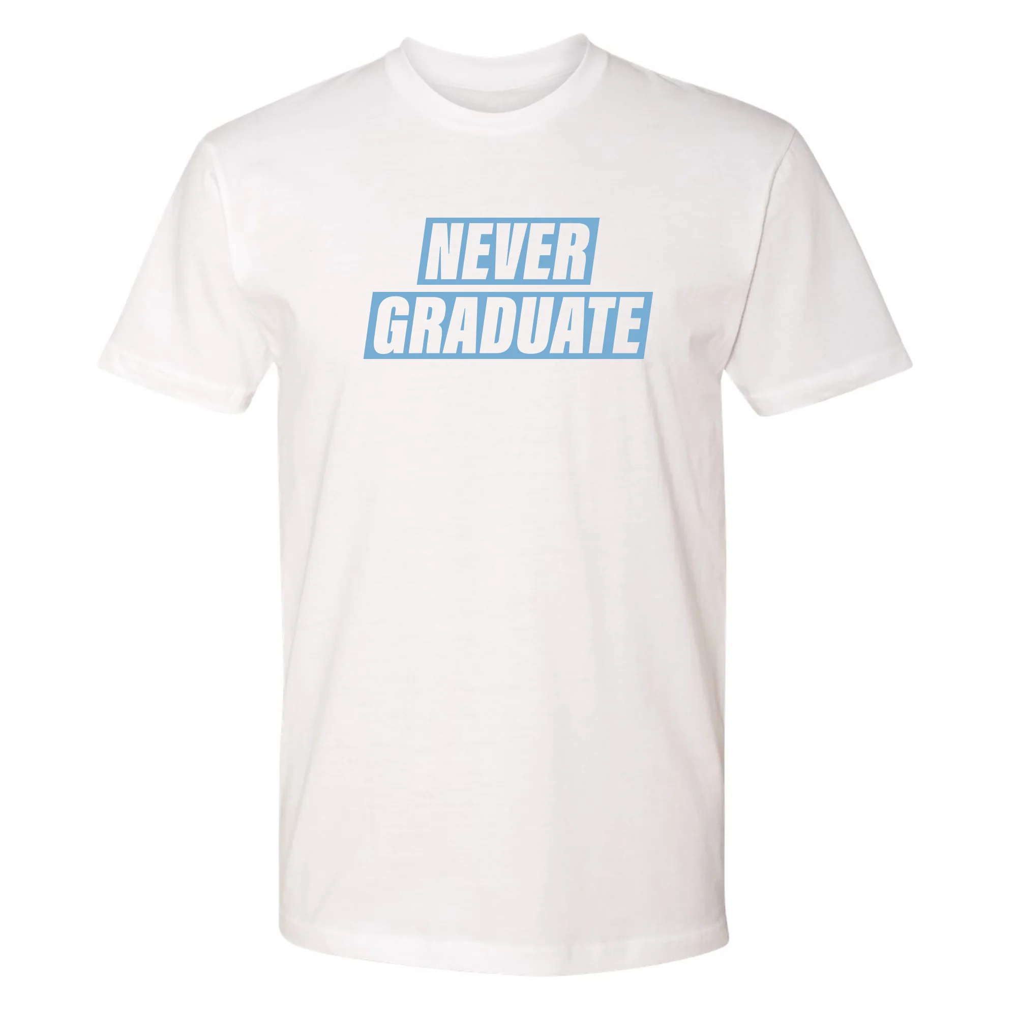 Never Graduate NLA T-Shirt - White w/ Blue Print
