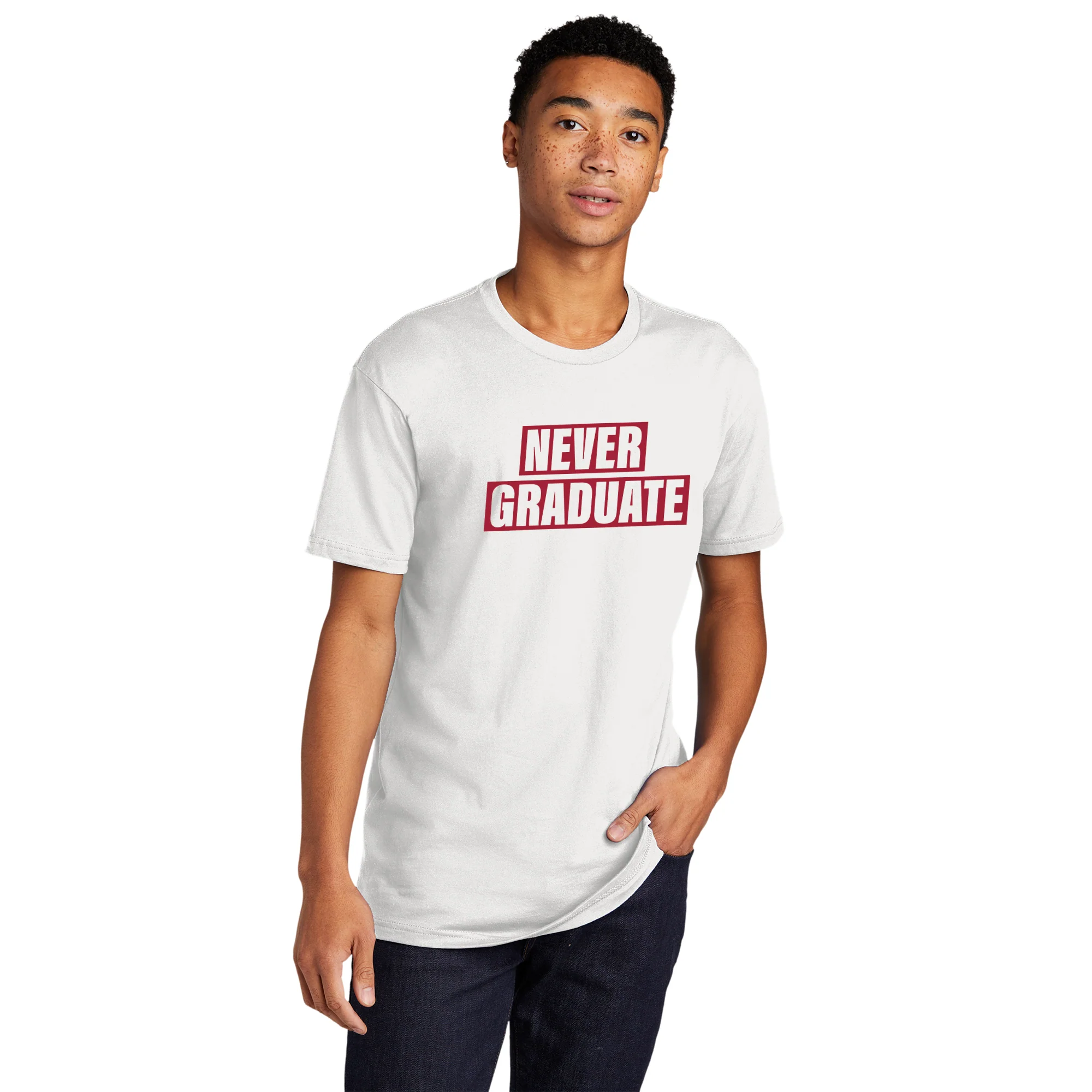 Never Graduate NLA T-Shirt - White w/ Red Print - Image 3