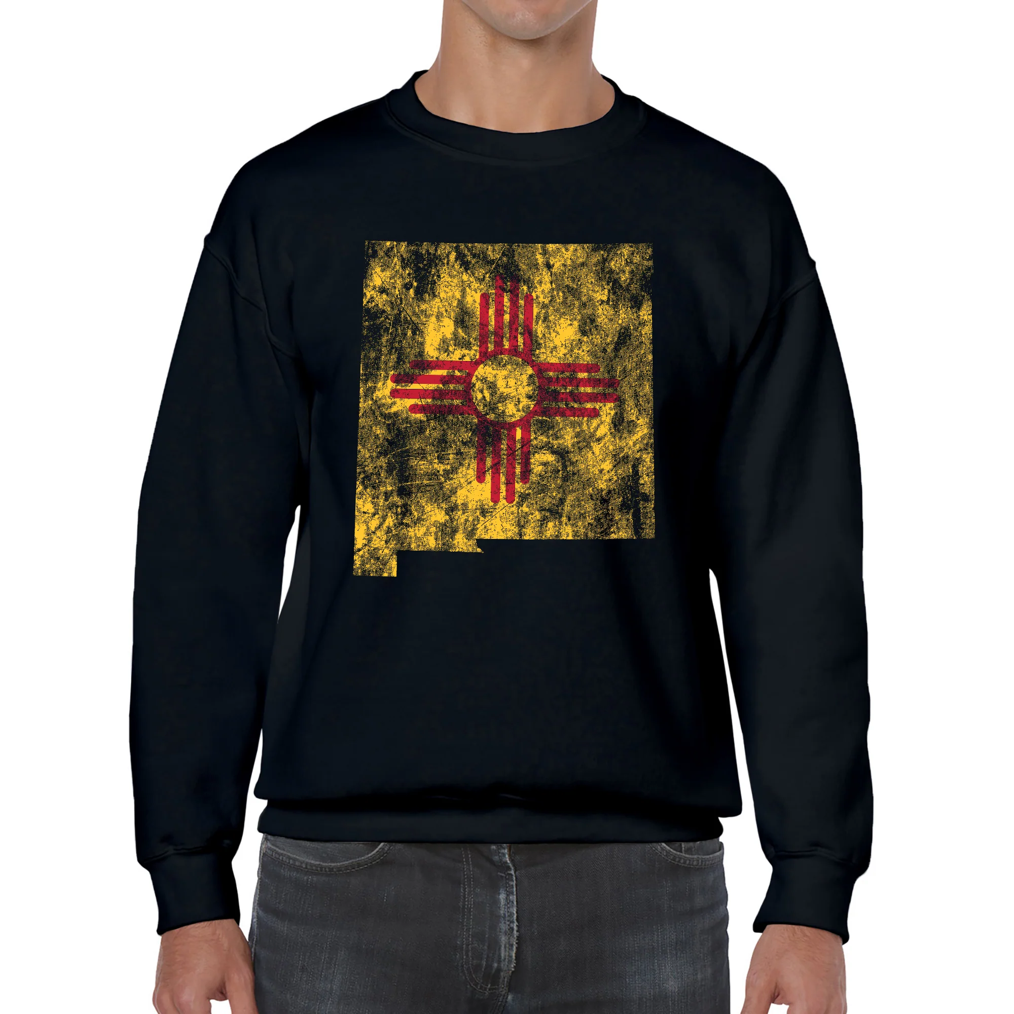 New Mexico Distressed State Flag Outline Crewneck Sweatshirt - Black - Image 3