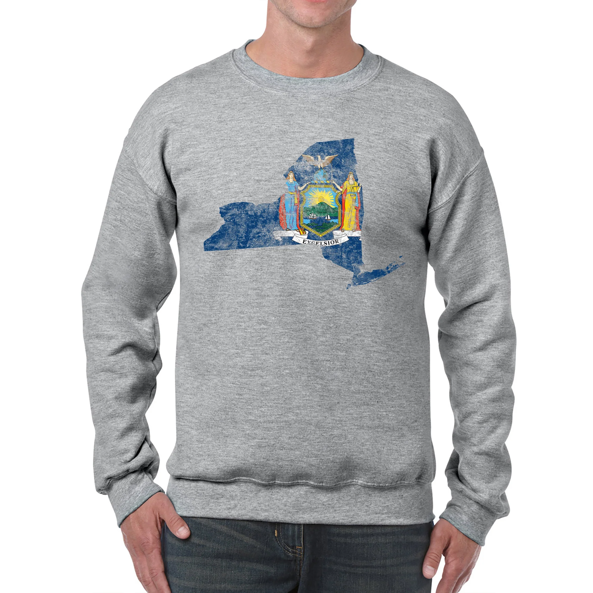 New York Distressed State Flag Outline Crewneck Sweatshirt - Sport Grey - Image 3