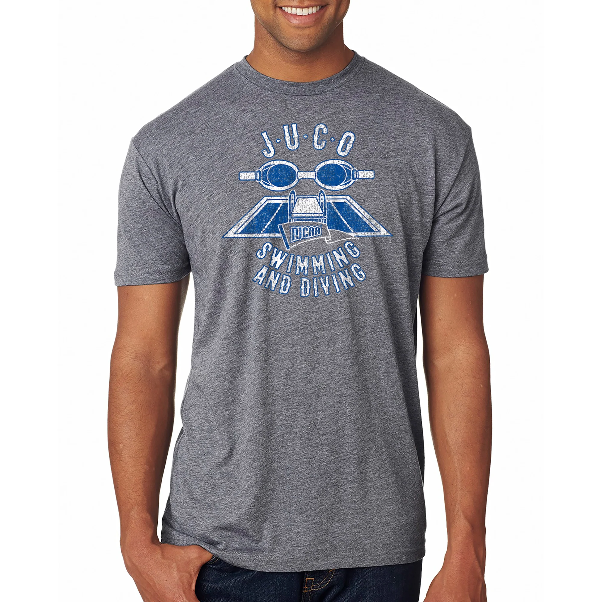 NJCAA JUCO Swimming and Diving Emblem - Junior College Athletics Triblend T Shirt - Premium Heather - Image 3