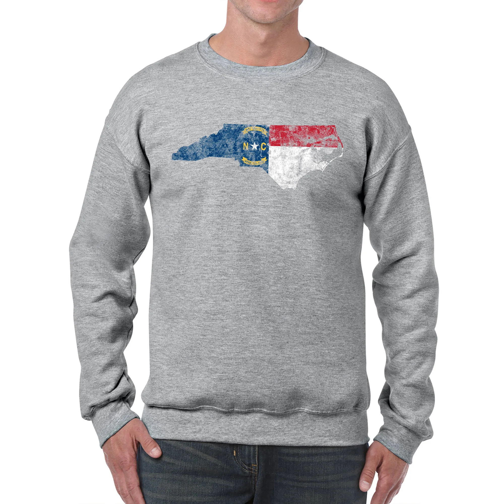 North Carolina Distressed State Flag Outline Crewneck Sweatshirt - Sport Grey - Image 3