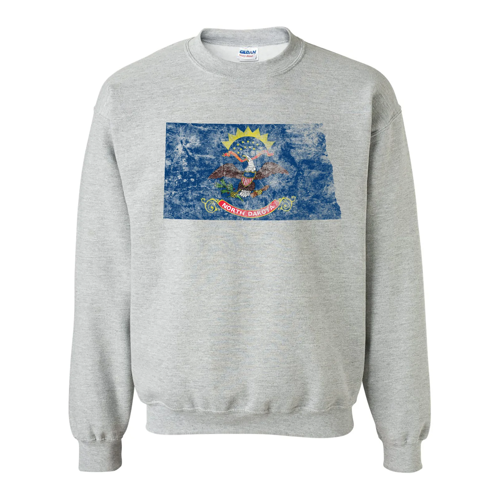 North Dakota Distressed State Flag Outline Crewneck Sweatshirt - Sport Grey