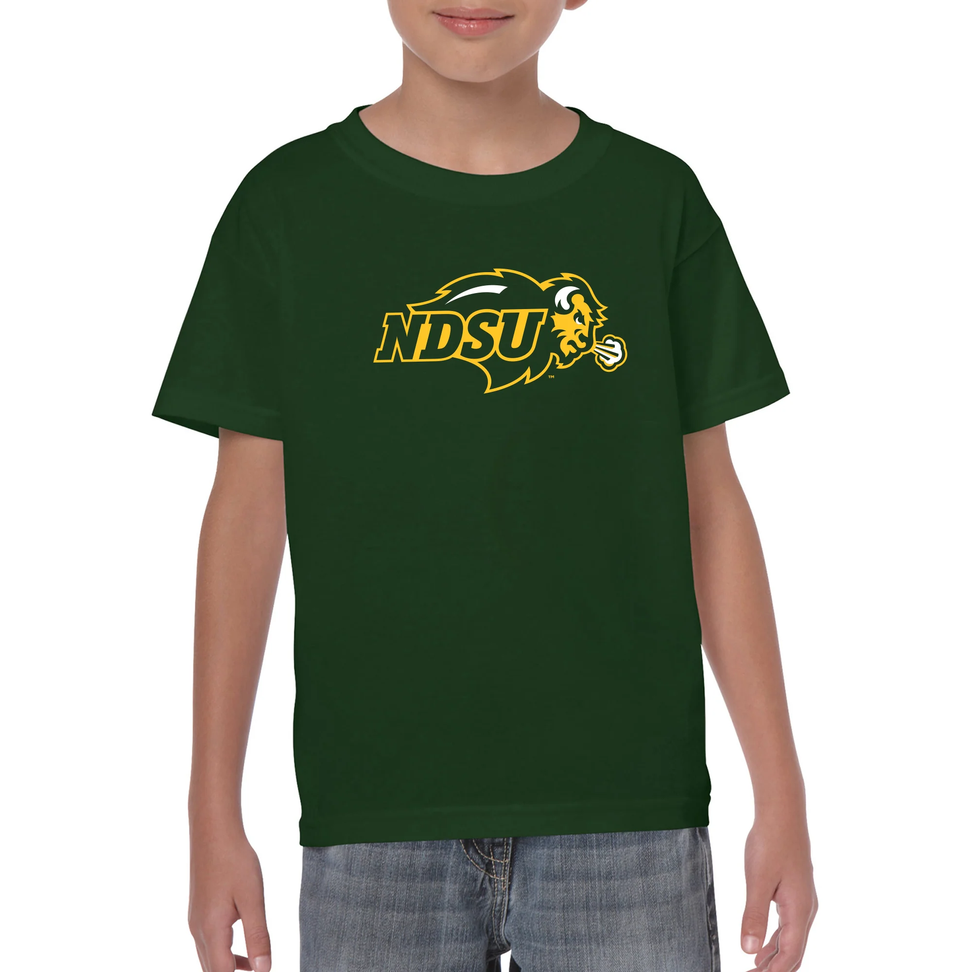 North Dakota State University Bison Primary Logo Short Sleeve Youth T Shirt - Forest - Image 3