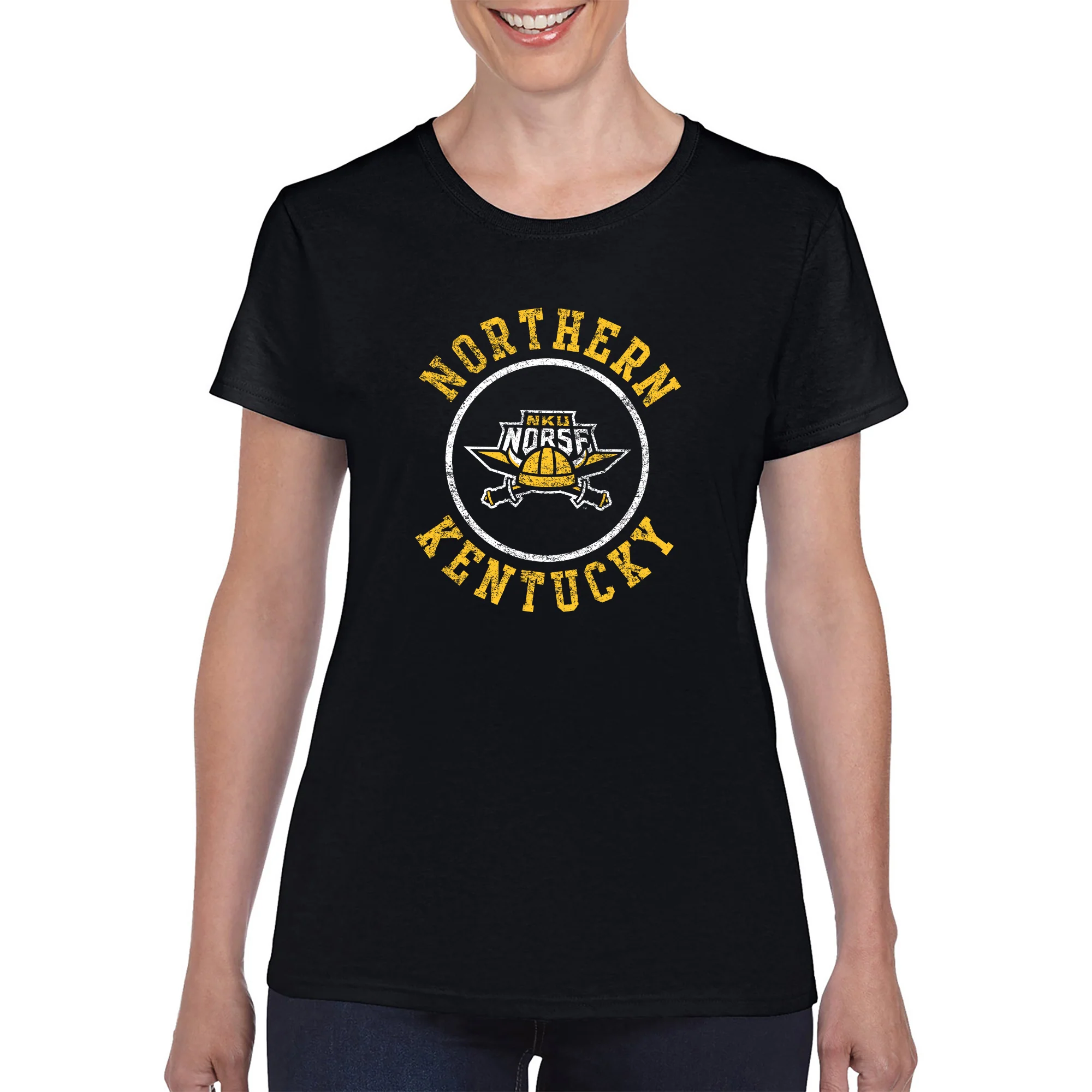Northern Kentucky University Norse Distressed Circle Logo Womens Short Sleeve T Shirt - Black - Image 3