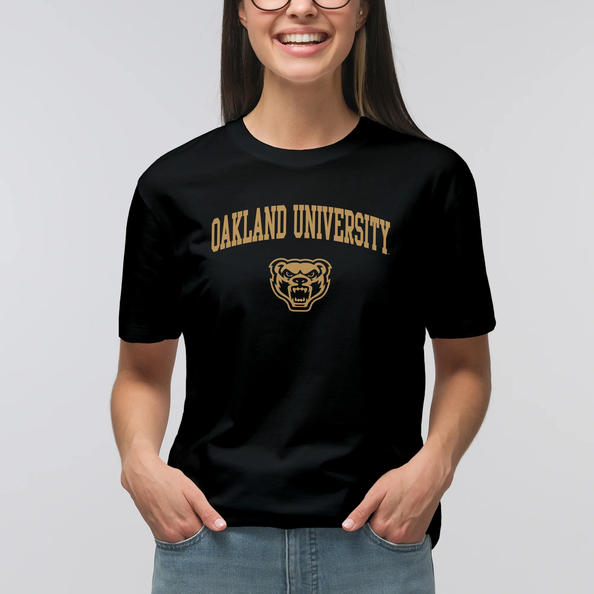 Oakland University Golden Grizzlies Arch Logo Short Sleeve T Shirt - Black - Image 4