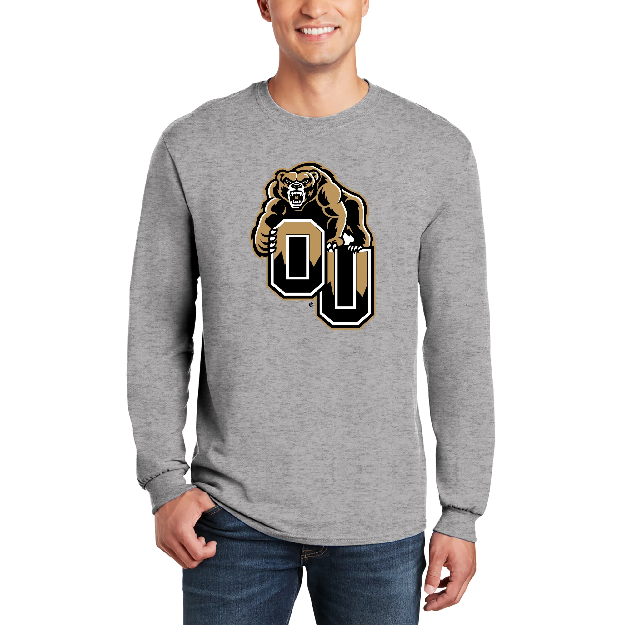 Oakland University Golden Grizzlies Primary Logo Long Sleeve T Shirt - Sport Grey - Image 3