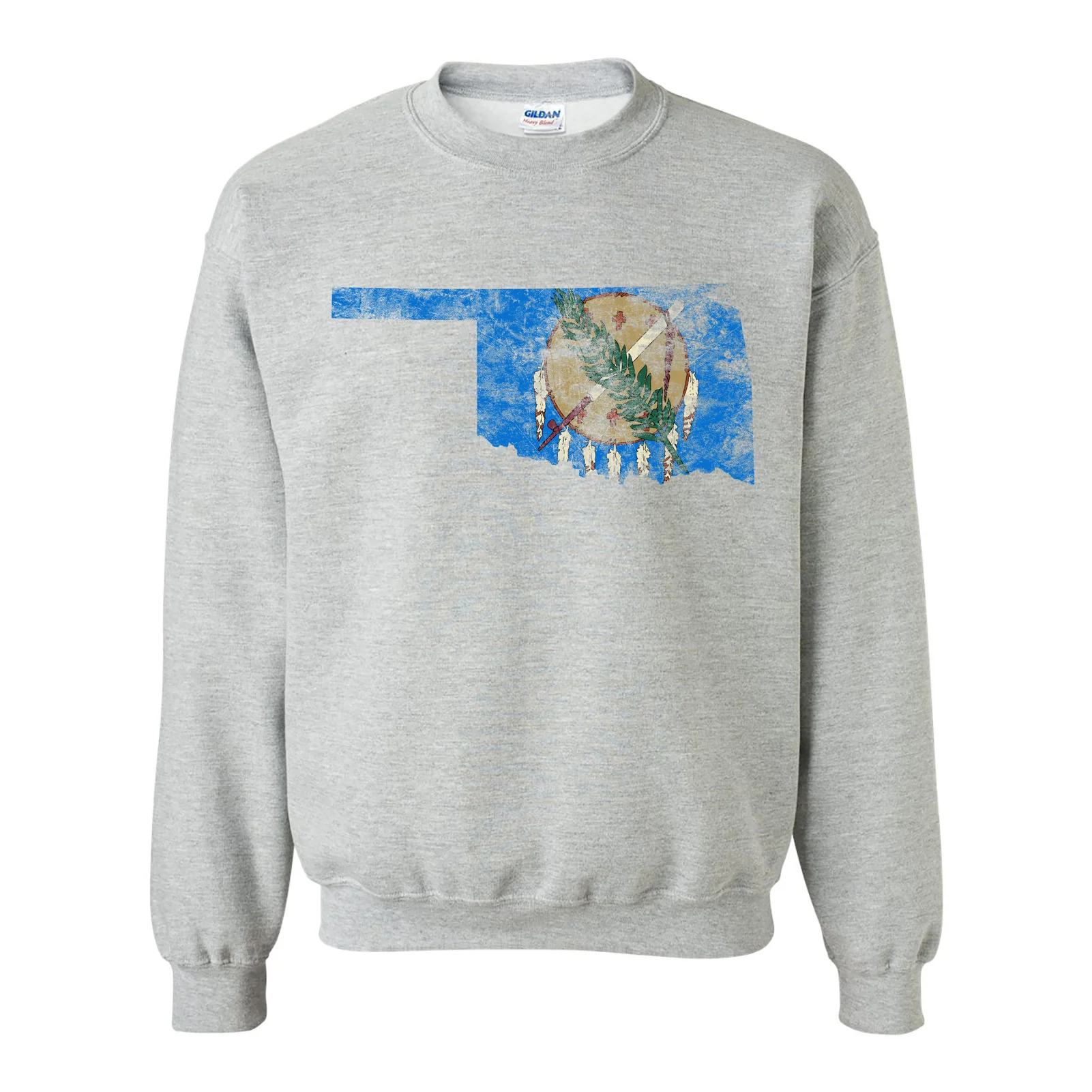 Oklahoma Distressed State Flag Outline Crewneck Sweatshirt - Sport Grey
