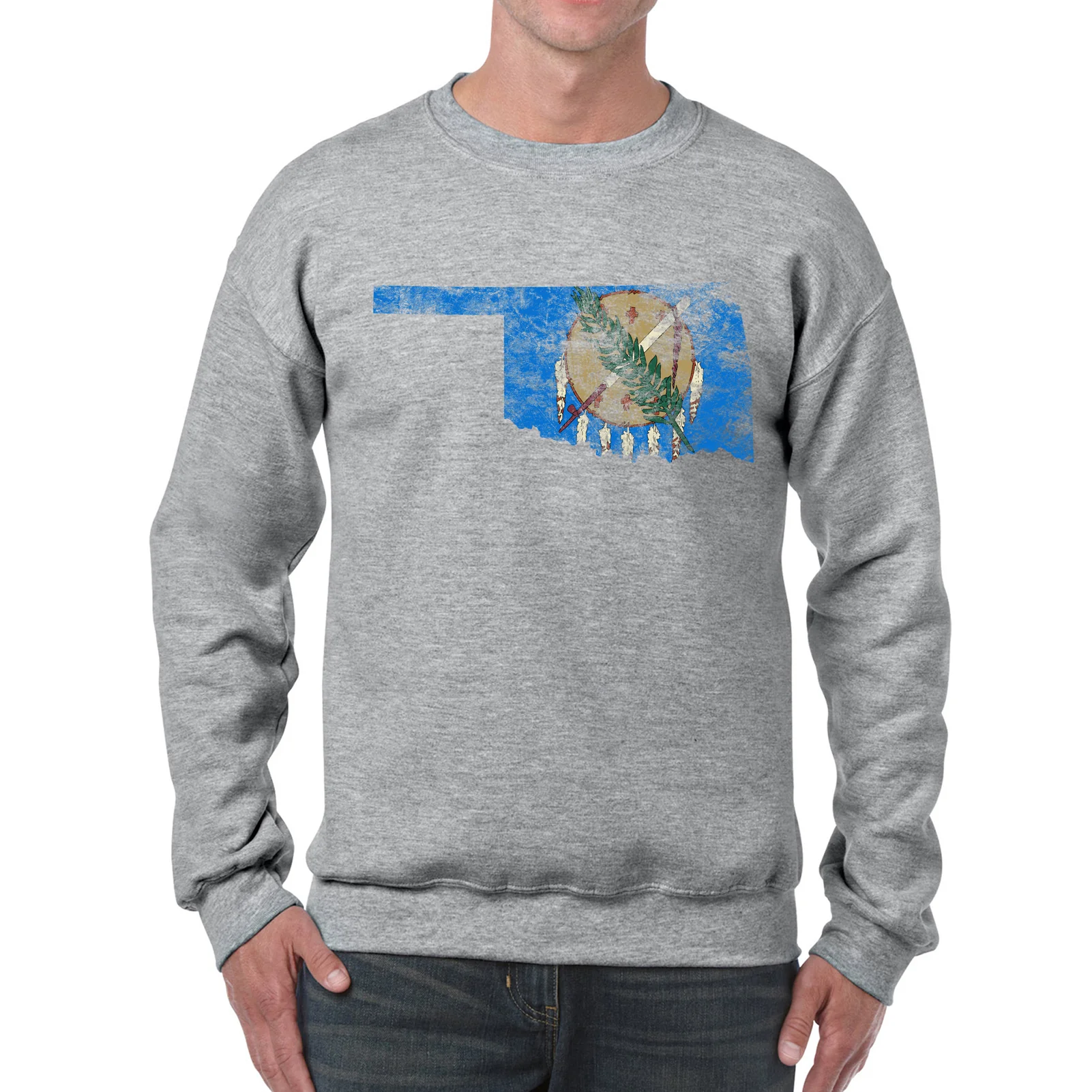 Oklahoma Distressed State Flag Outline Crewneck Sweatshirt - Sport Grey - Image 3
