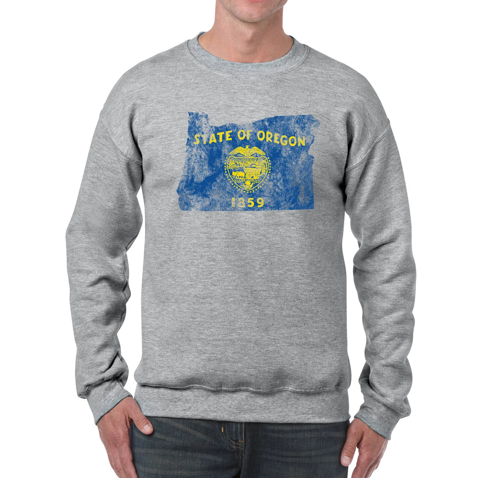 Oregon Distressed State Flag Outline Crewneck Sweatshirt - Sport Grey - Image 3