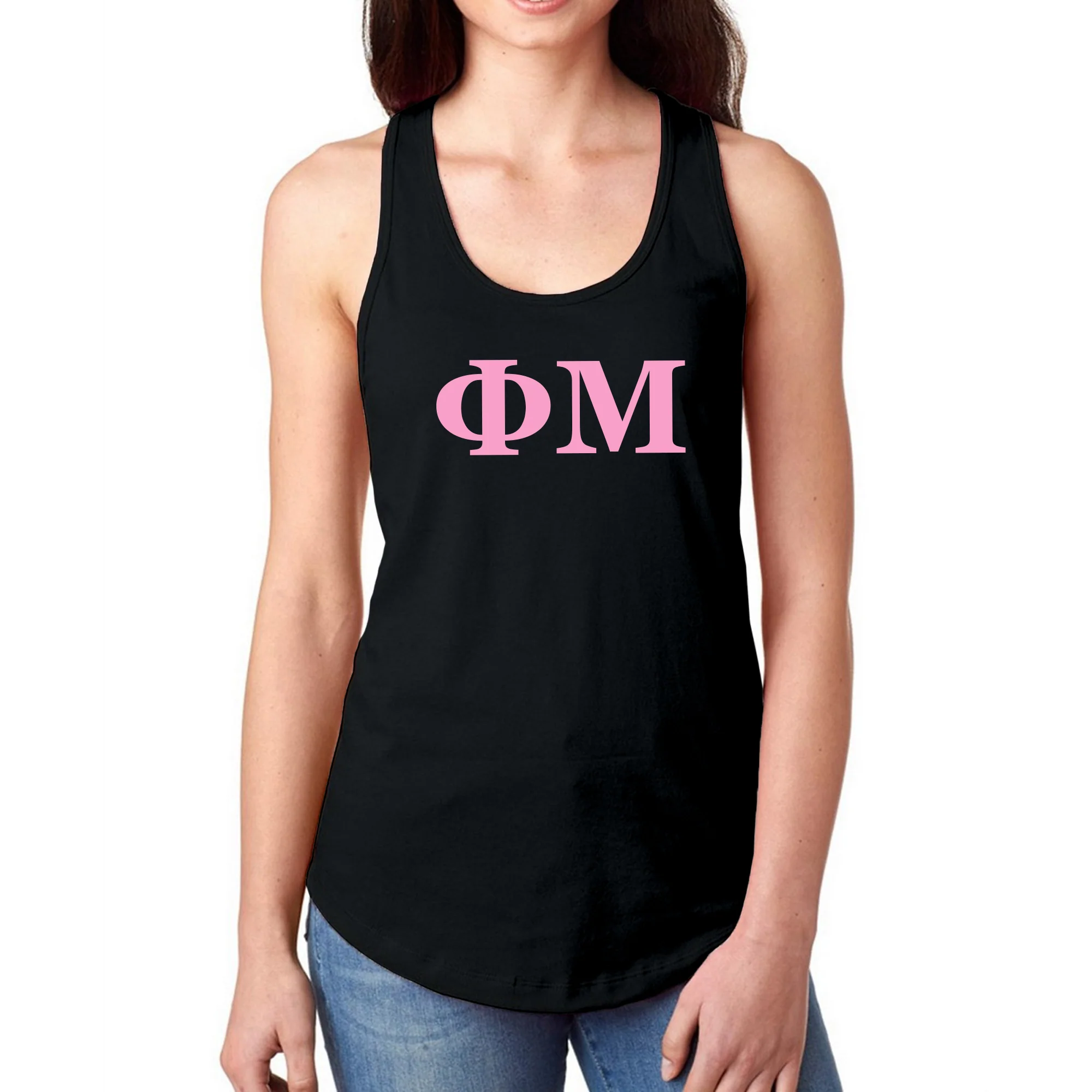 Phi Mu Greek Letter Block Racerback Tank - Black - Image 3