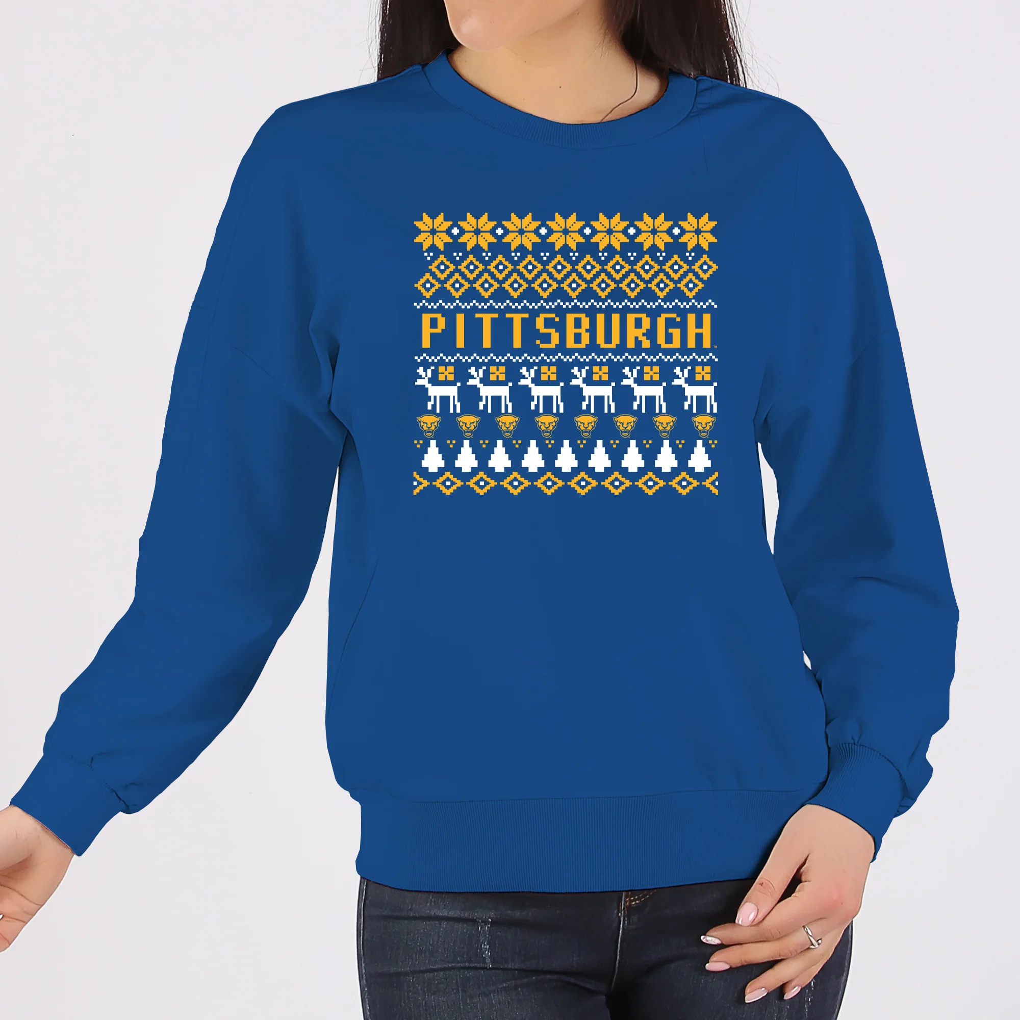 Pittsburgh Panthers Holiday Sweater Crewneck Sweatshirt - Royal - Image 4