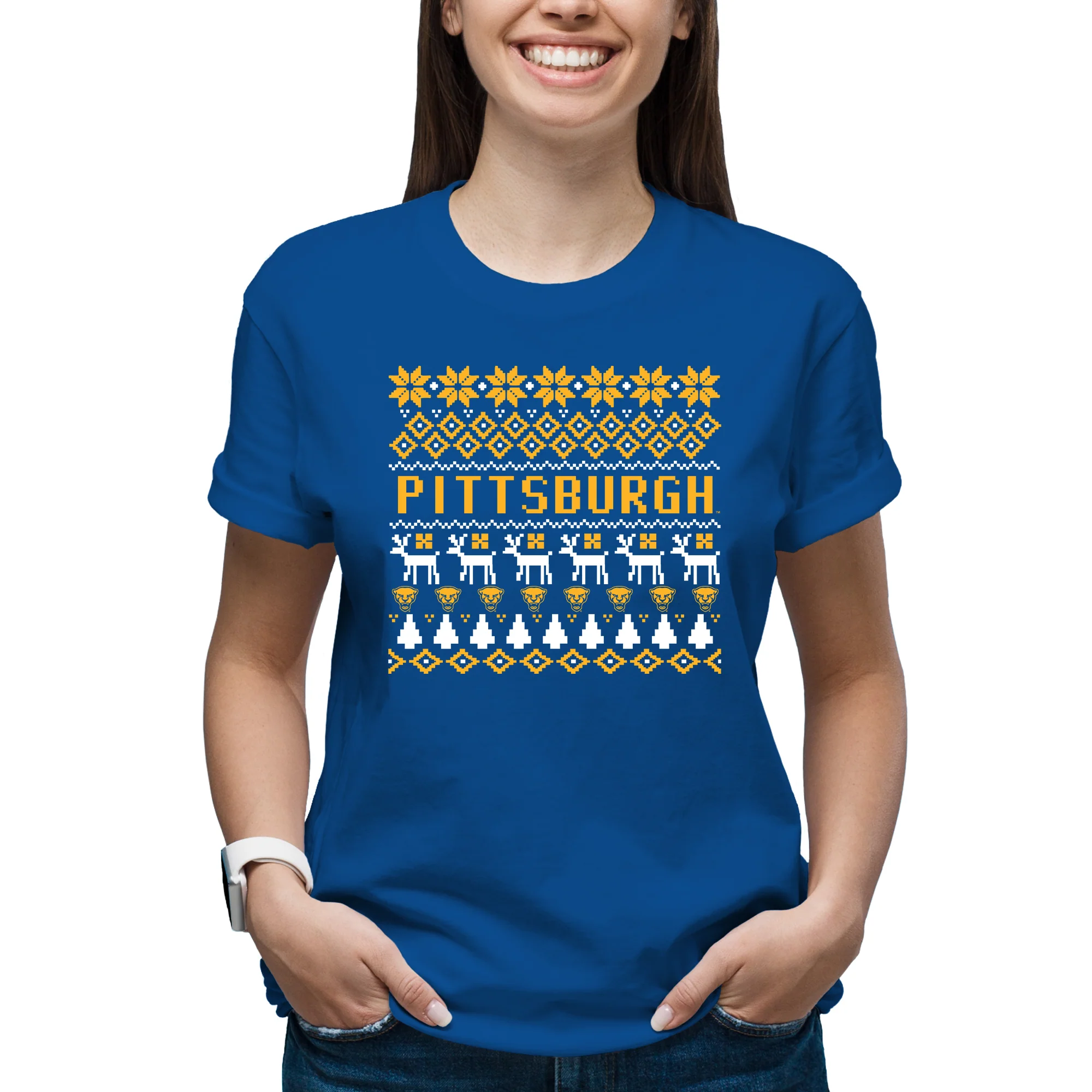 Pittsburgh Panthers Holiday Sweater T-Shirt - Royal - Image 4