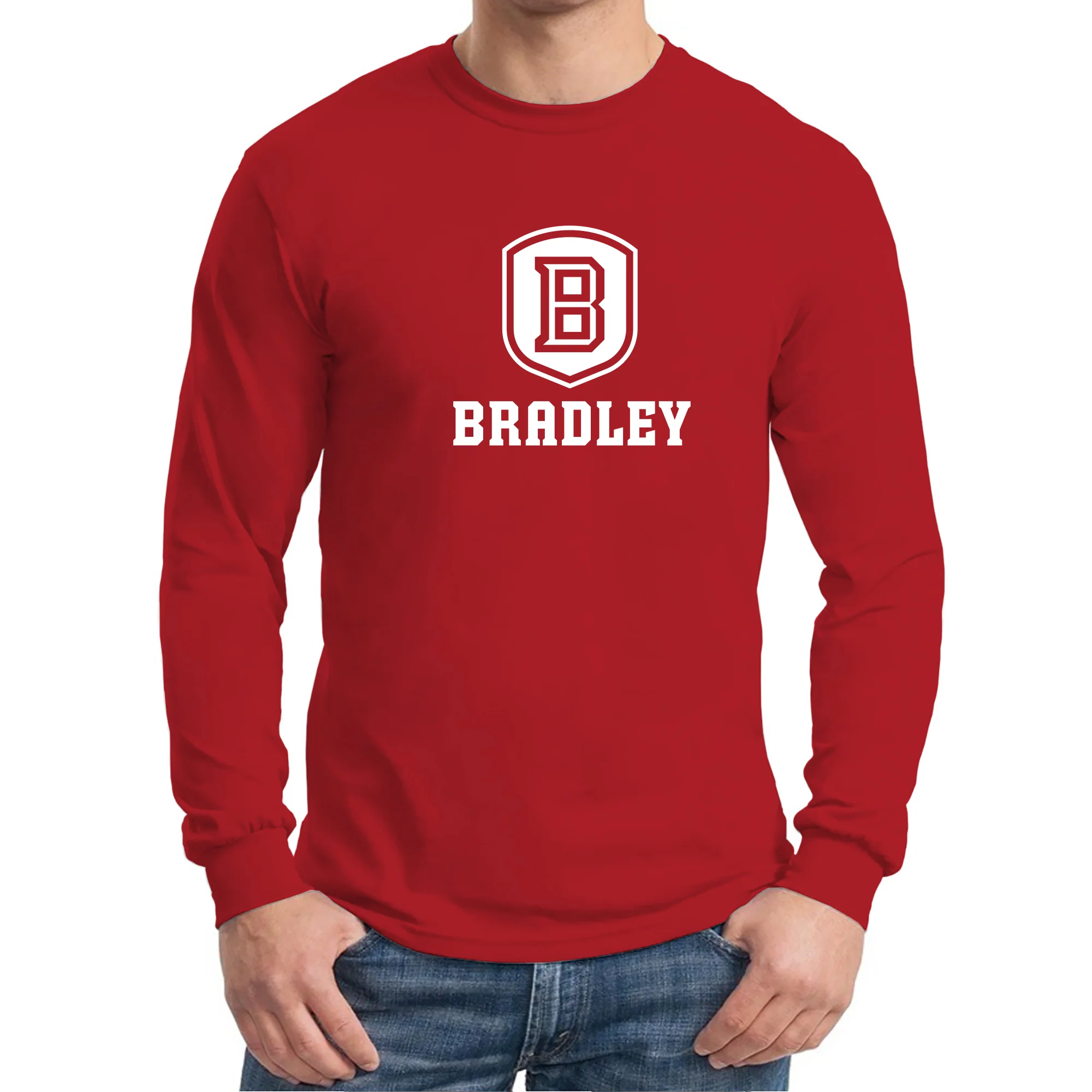Bradley University Braves Primary Logo Basic Cotton Long Sleeve T Shirt - Red - Image 3