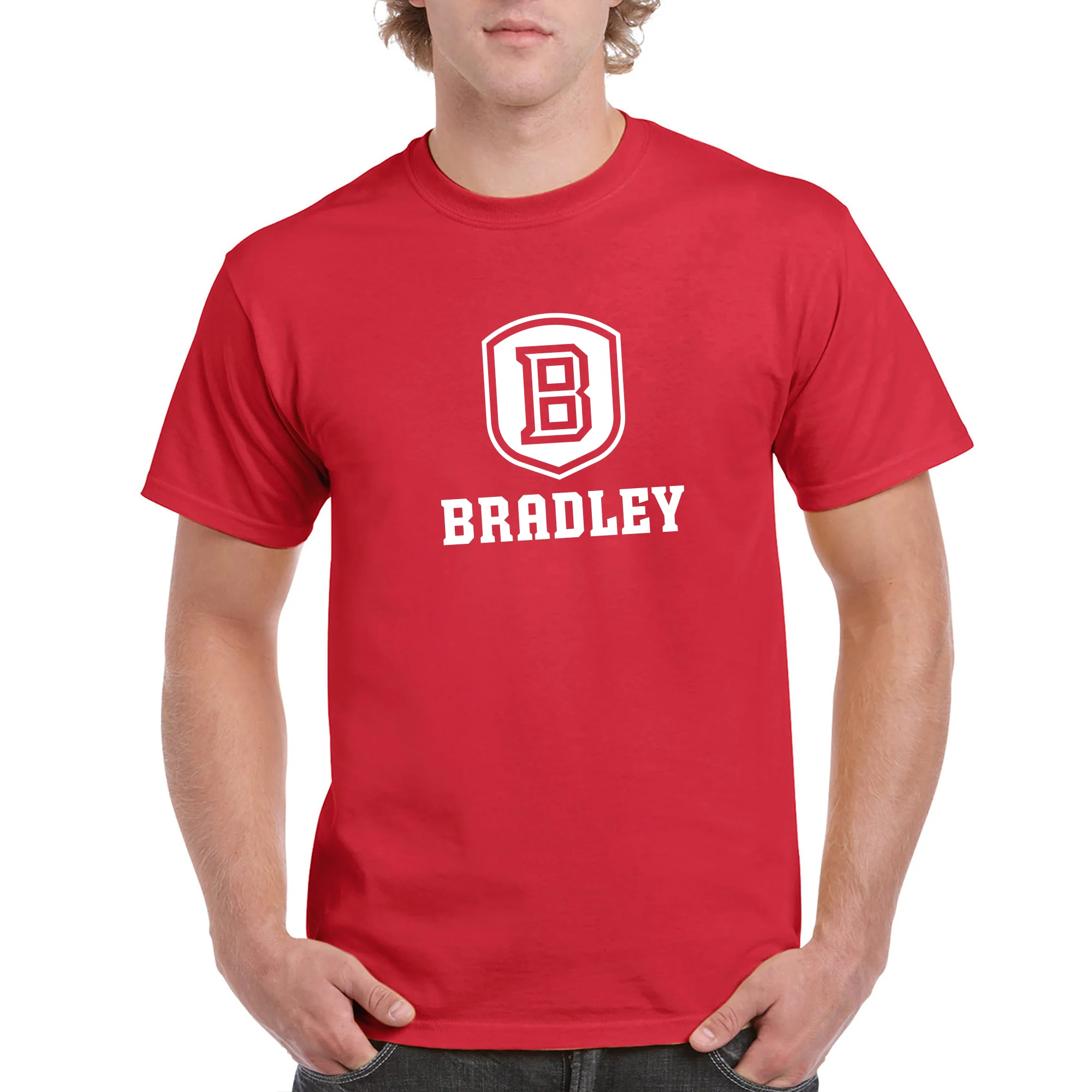 Bradley University Braves Primary Logo Basic Cotton Short Sleeve T Shirt - Red - Image 3