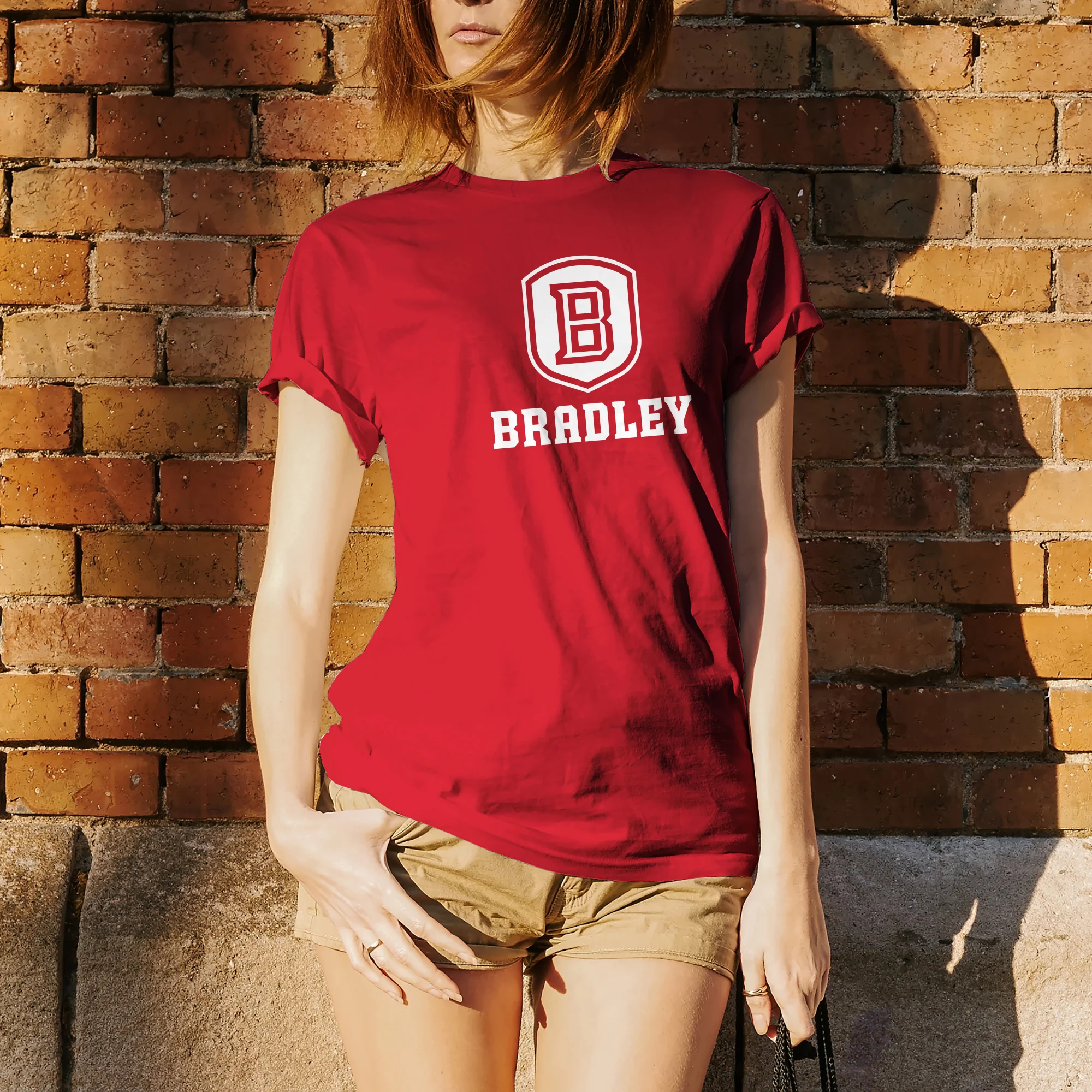 Bradley University Braves Primary Logo Basic Cotton Short Sleeve T Shirt - Red - Image 4
