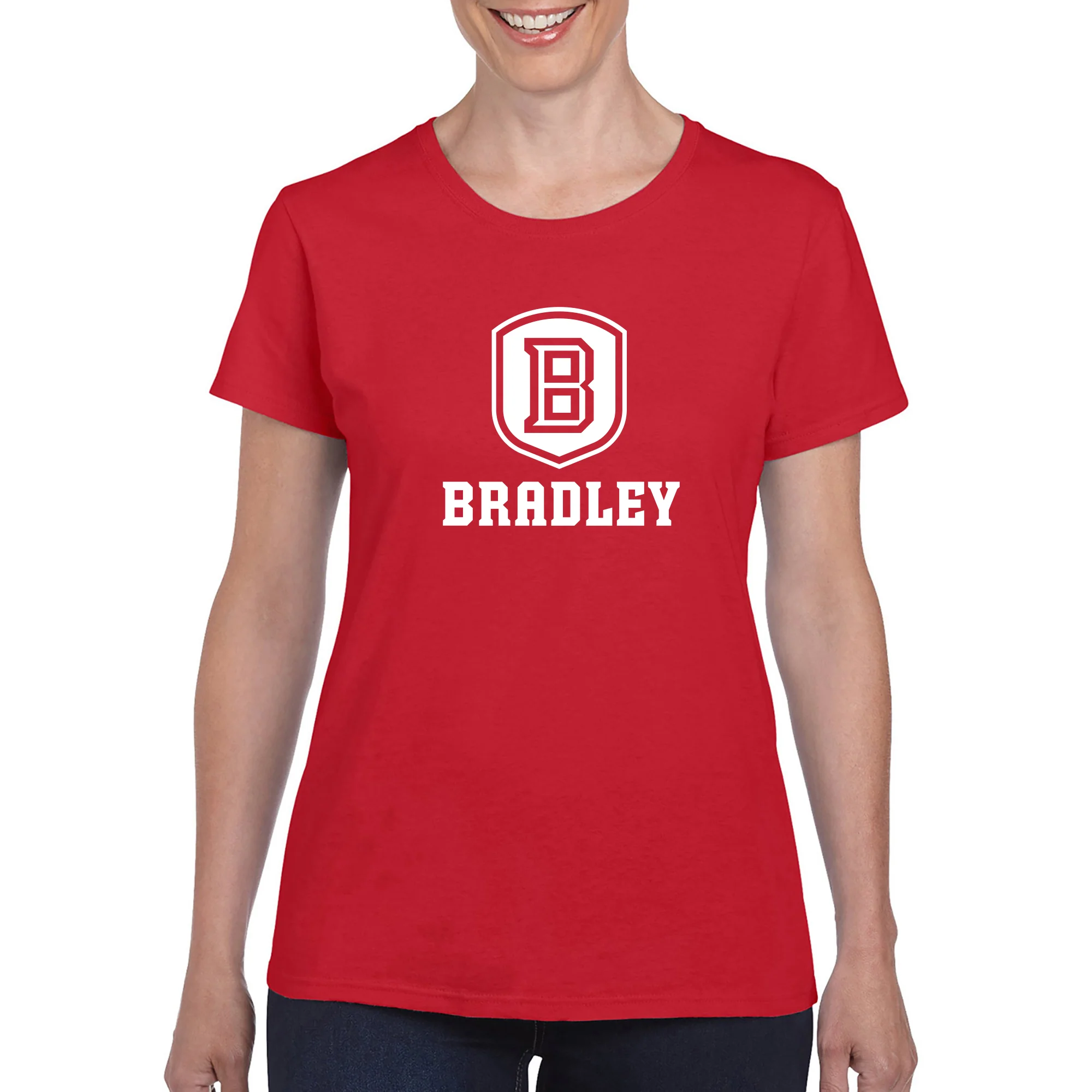 Bradley University Braves Primary Logo Basic Cotton Short Sleeve Women's T Shirt - Red - Image 3