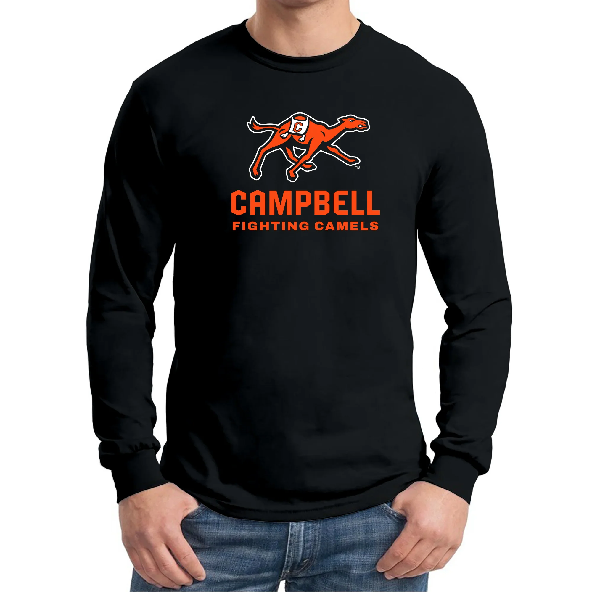 Campbell University Fighting Camels Primary Logo Basic Cotton Long Sleeve T-Shirt - Black - Image 3