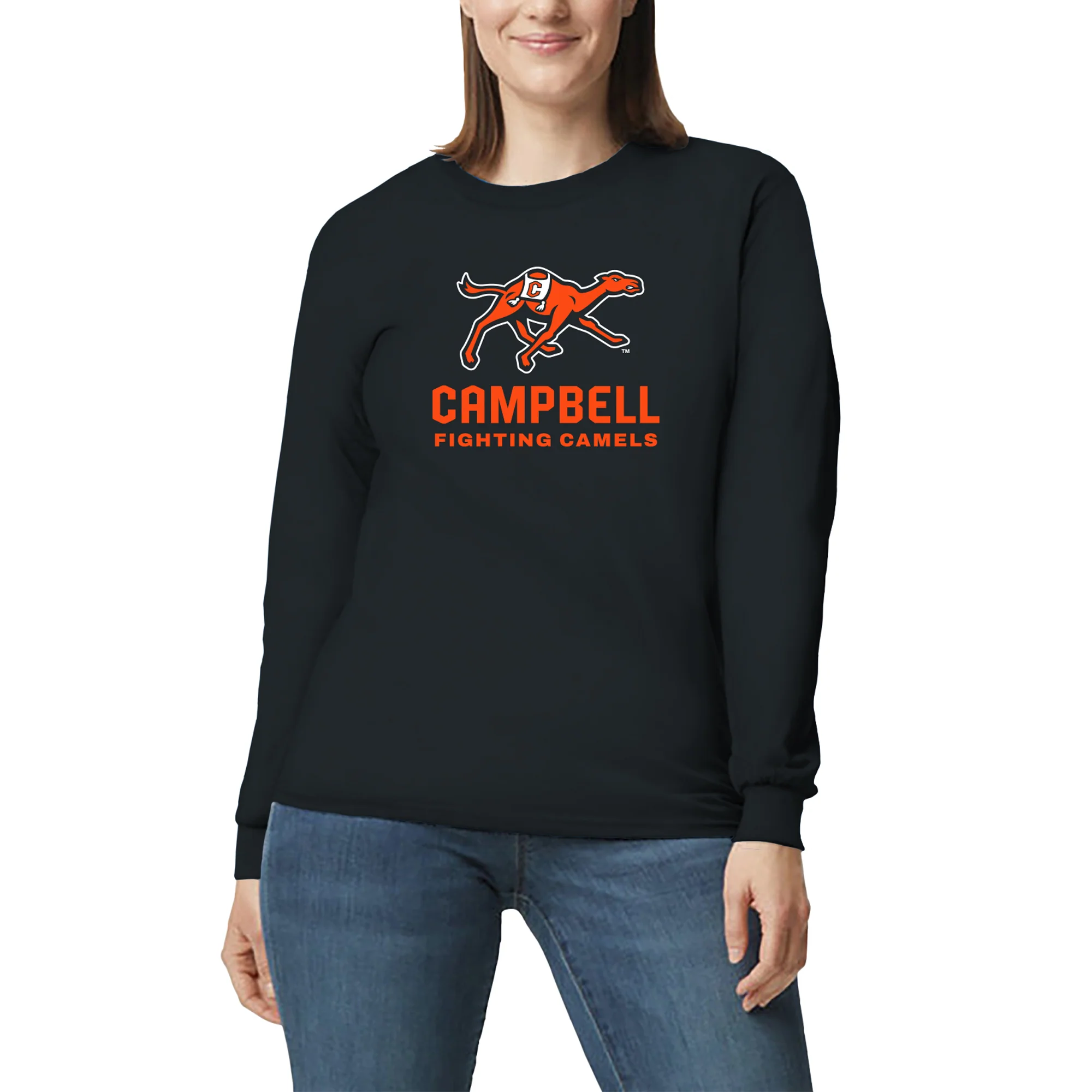 Campbell University Fighting Camels Primary Logo Basic Cotton Long Sleeve T-Shirt - Black - Image 4