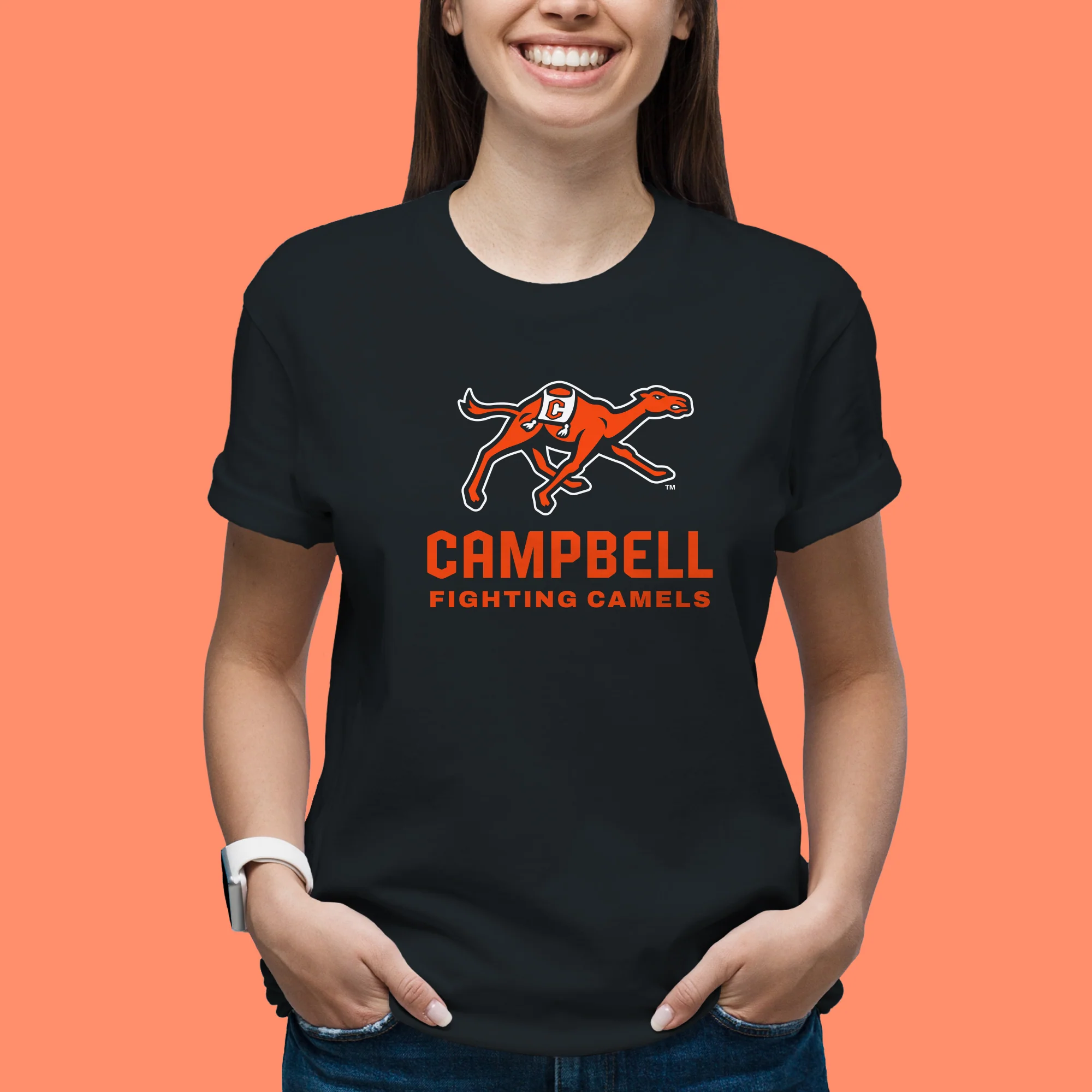 Campbell University Fighting Camels Primary Logo Basic Cotton Short Sleeve T-Shirt - Black - Image 4