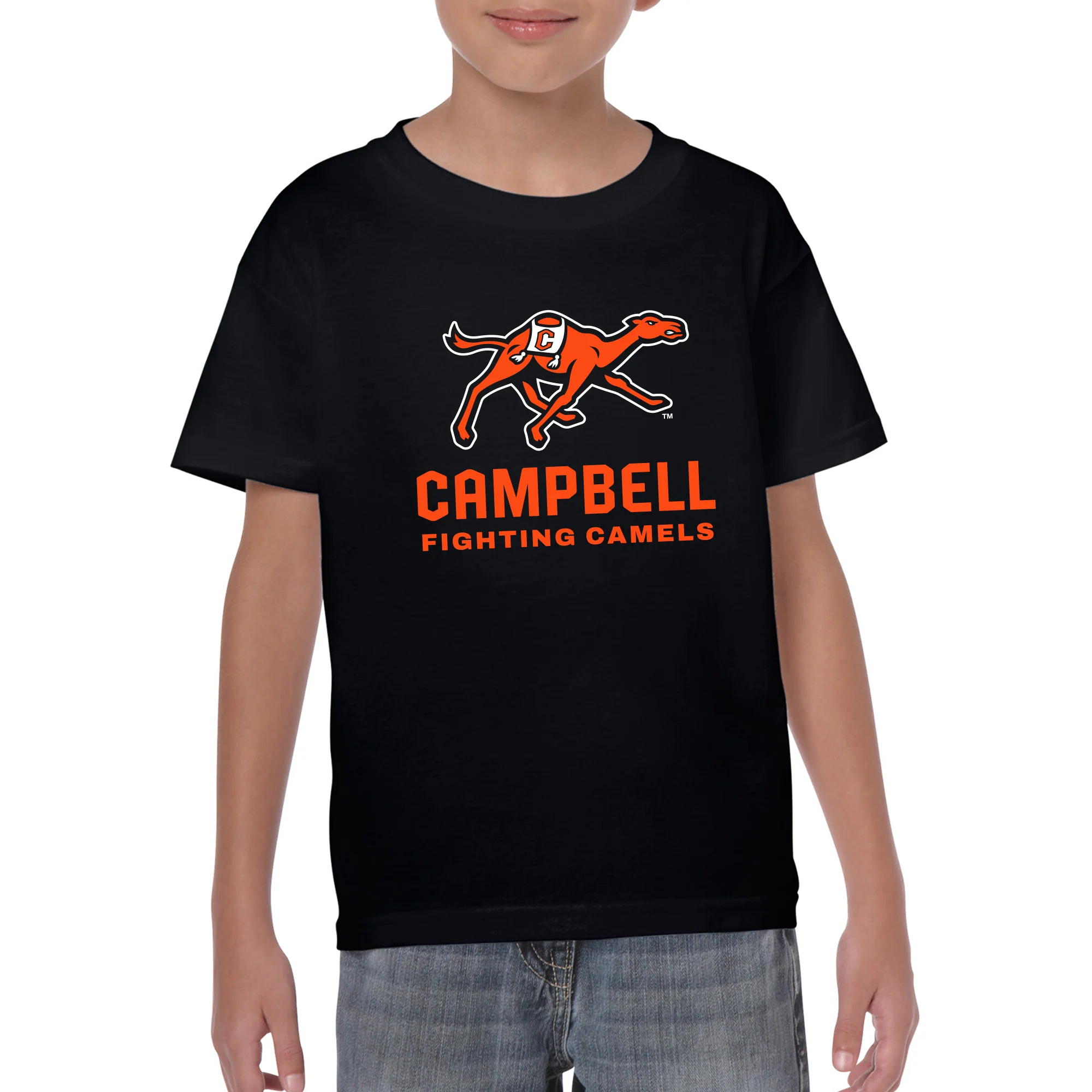Campbell University Fighting Camels Primary Logo Basic Cotton Youth Short Sleeve T-Shirt - Black - Image 3