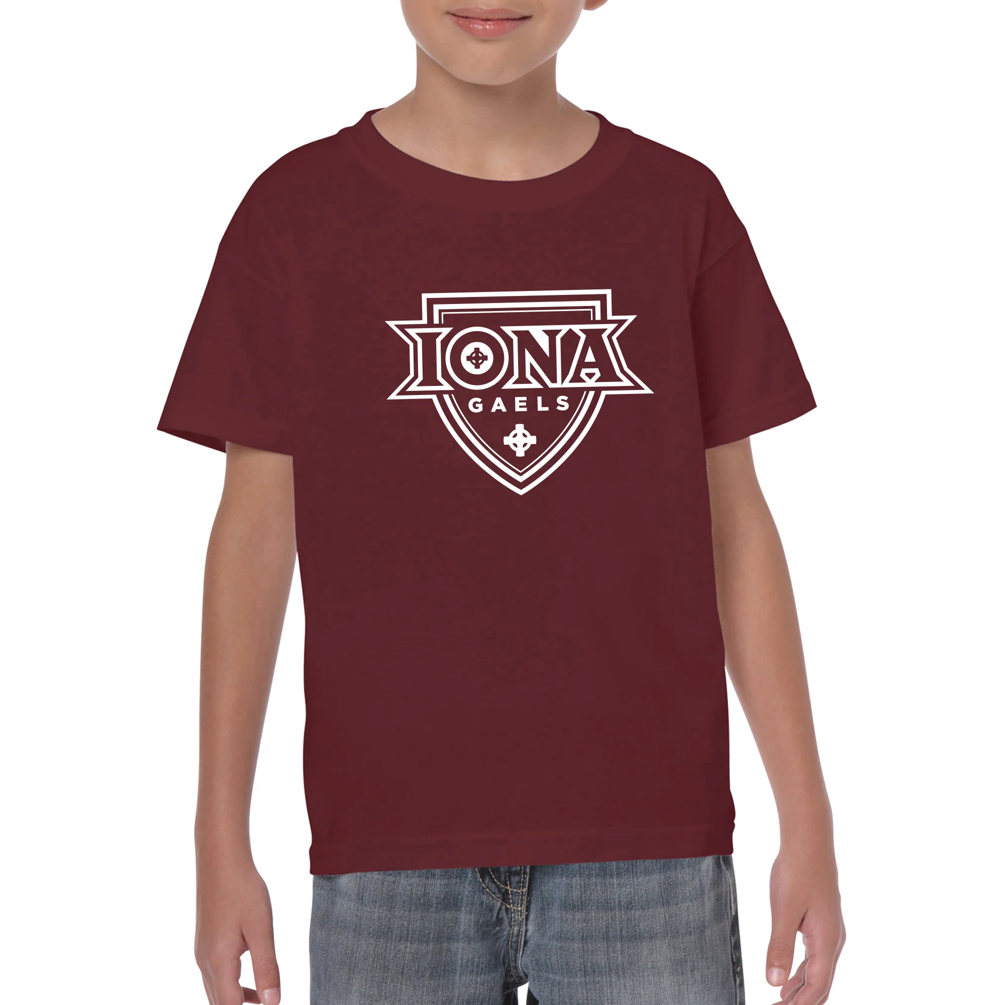 Iona University Gaels Primary Logo Basic Cotton Youth Short Sleeve T Shirt - Maroon - Image 3