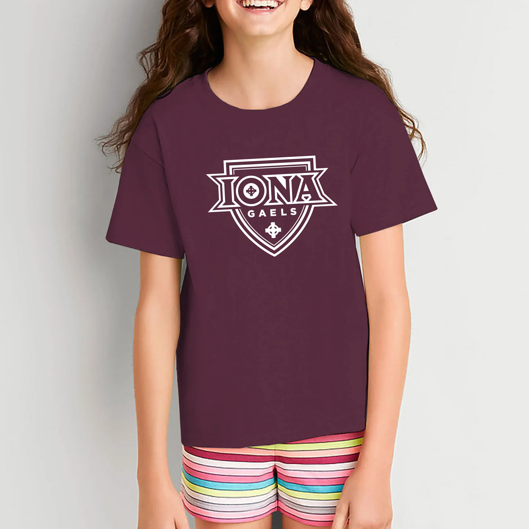 Iona University Gaels Primary Logo Basic Cotton Youth Short Sleeve T Shirt - Maroon - Image 4