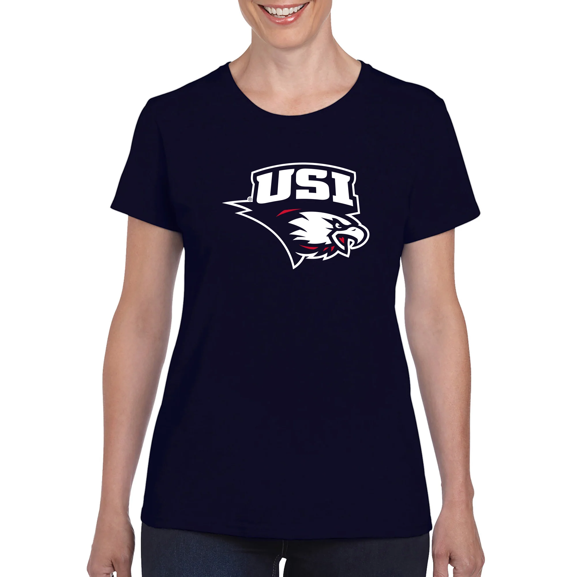 University of Southern Indiana Screaming Eagles Primary Logo Basic Cotton Short Sleeve Womens T Shirt - Navy - Image 3