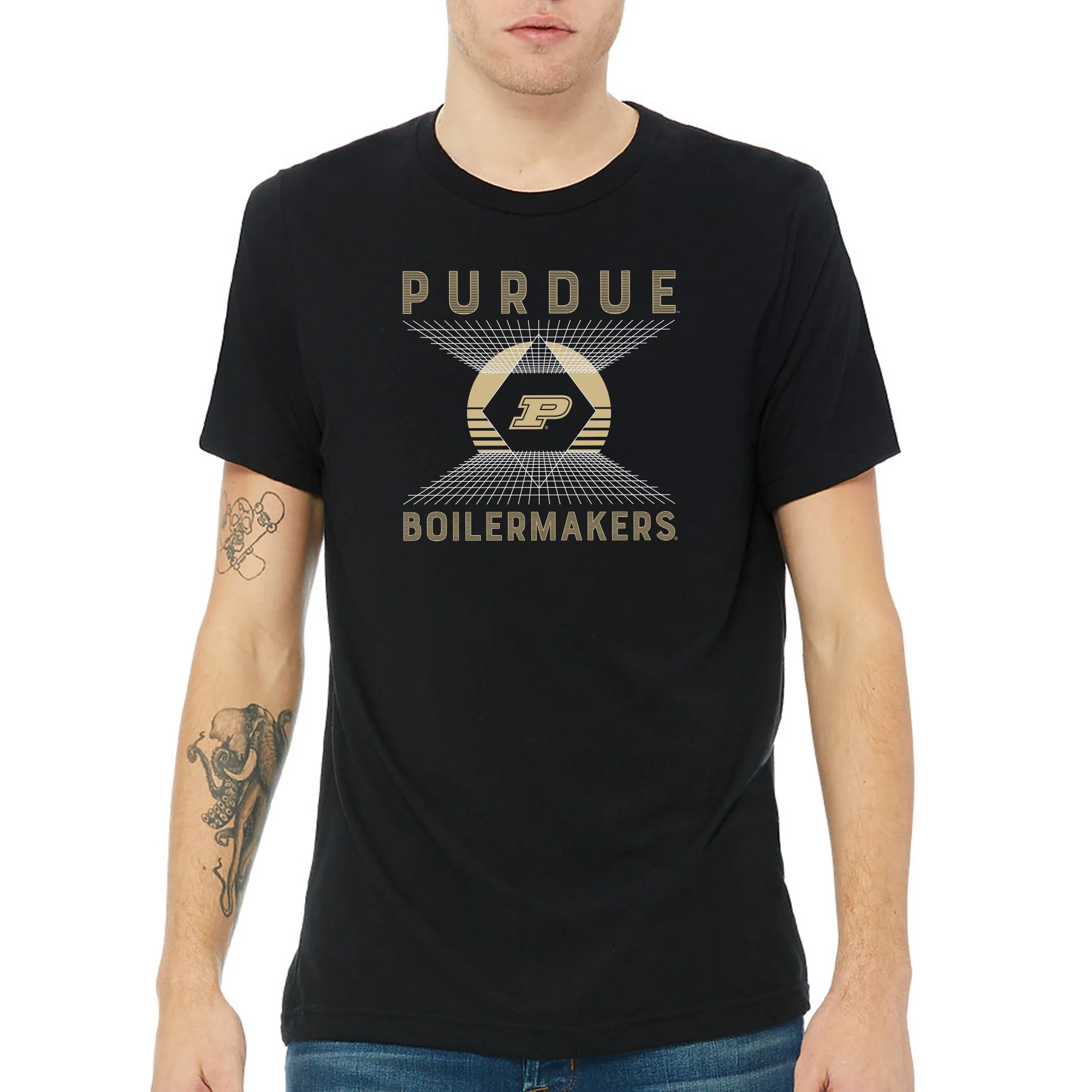 Purdue Boilermakers Vaporwave Grid Triblend T Shirt - Solid Black - Image 3