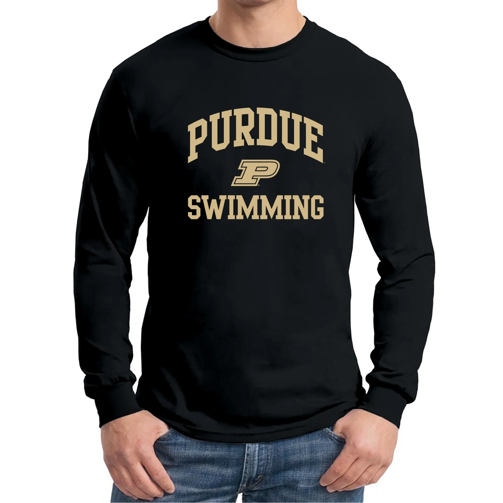 Purdue University Boilermakers Arch Logo Swimming Long Sleeve T Shirt - Black - Image 3